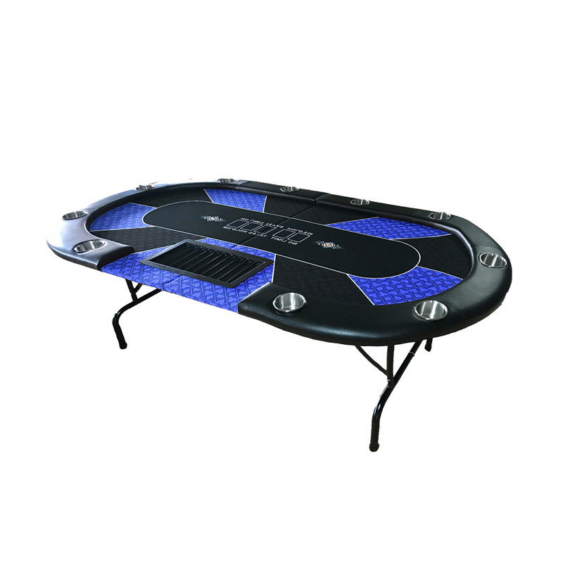 V488-POKER-BLUE-173730-00 10 Player Foldable Blue Color Poker Table Blackjack Texas Holdem Table with Cup Holders - Image 1