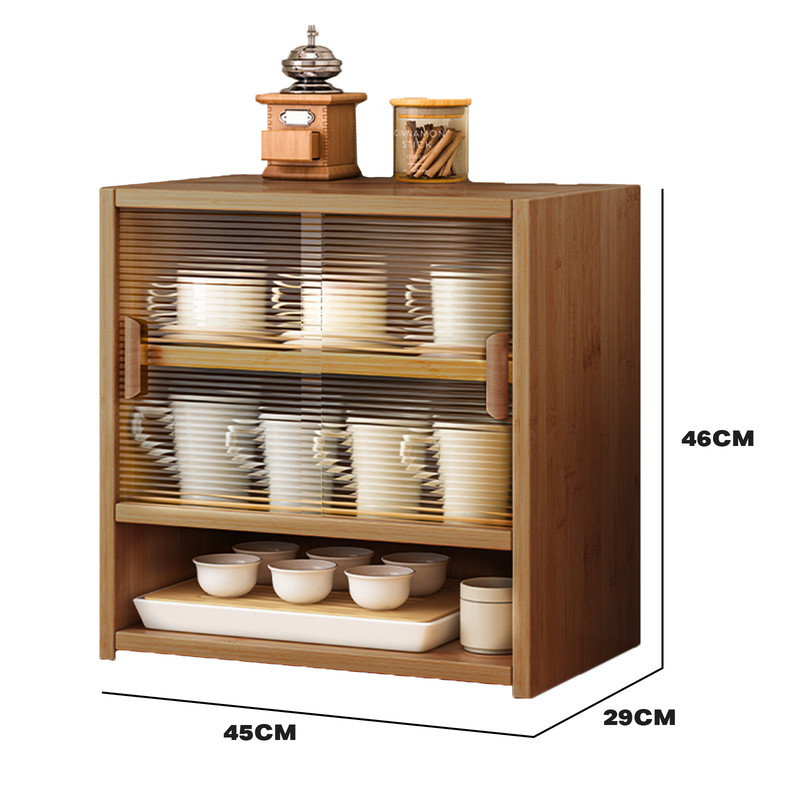 V488-SCMA-BR-141407-00 Bamboo Dustproof Cup Storage Cabinet with Sliding Acrylic Door - Image 1