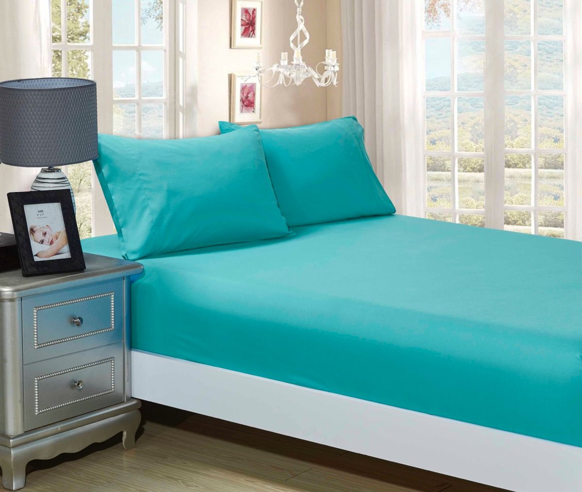 V493-ADF-07-88434-00 1000TC Ultra Soft Fitted Sheet & 2 Pillowcases Set - Double Size Bed - Teal - Image 1