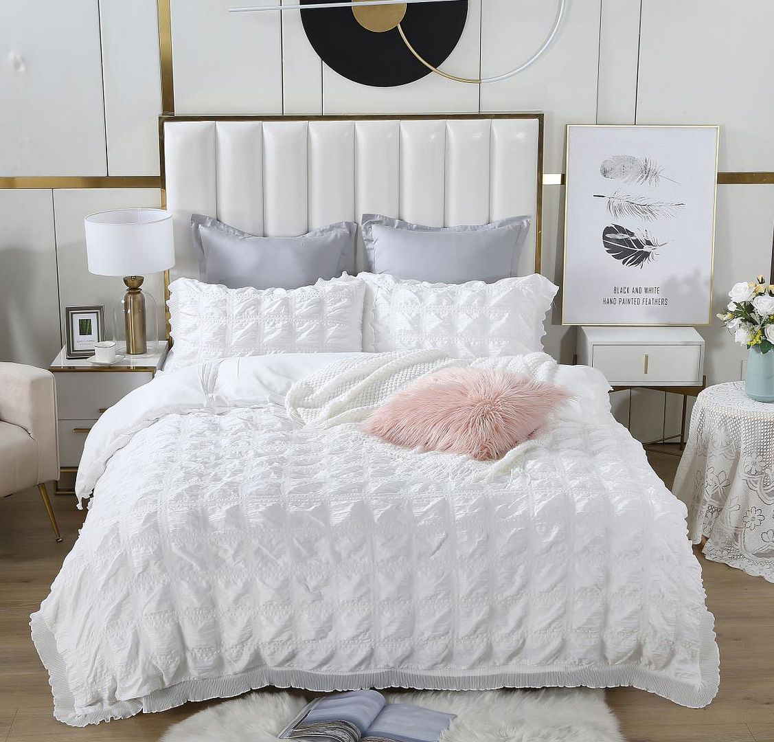 V493-JH-01-K-88140-00 Ruffles Textured Jacquard King Size white Duvet Quilt Cover Set - Image 1