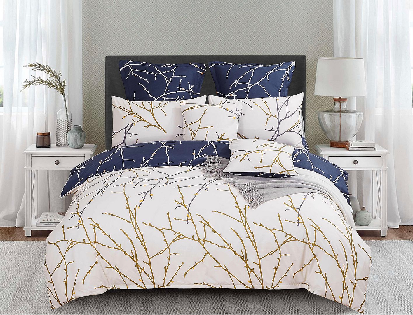 V493-MSK-413-88205-00 Tree Reversible Super King Size Bed Quilt/Duvet Cover Set Beige - Image 1