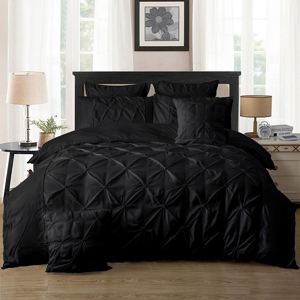V493-ZK-05-88030-00 Diamond Pintuck King Size Black Duvet Quilt Cover Set - Image 1