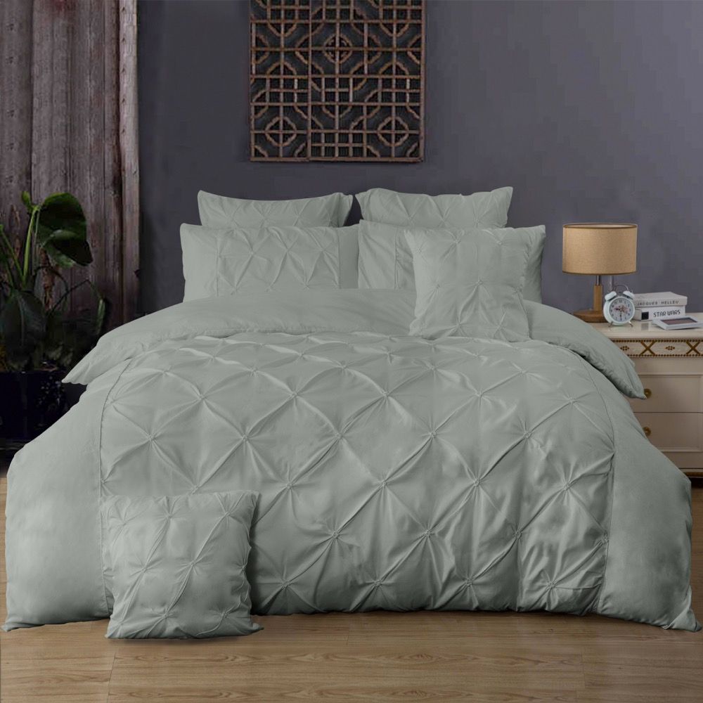 V493-ZQ-06-88027-00 Diamond Pintuck Queen Size Grey Duvet Quilt Cover Set - Image 1