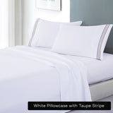 V517-EBMF1000-D-WT-94503-00 soft microfibre embroidered stripe sheet set double white sheet taupe stripe - Image 1