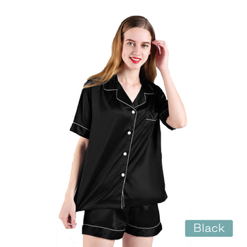 V517-PJSHORT-L-BK-94609-00 2pc satin short women pajamas set large black - Image 1