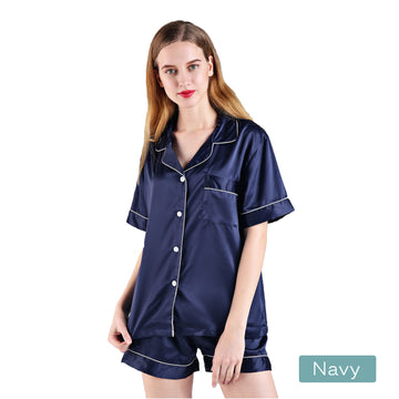 V517-PJSHORT-L-N-94610-00 2pc satin short women pajamas set large navy - Image 1