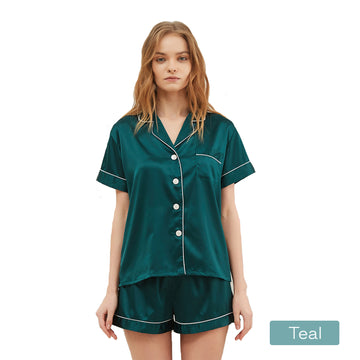 V517-PJSHORT-M-TE-94618-00 2pc satin short women pajamas set medium teal - Image 1
