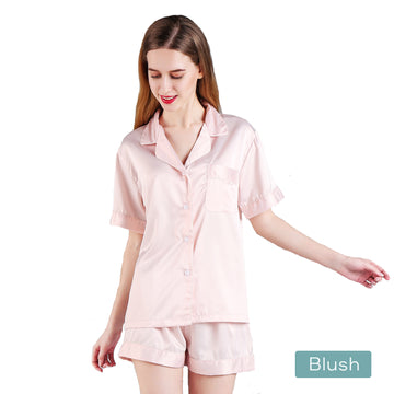 V517-PJSHORT-S-BSH-94701-00 2pc satin short women pajamas set small blush - Image 1