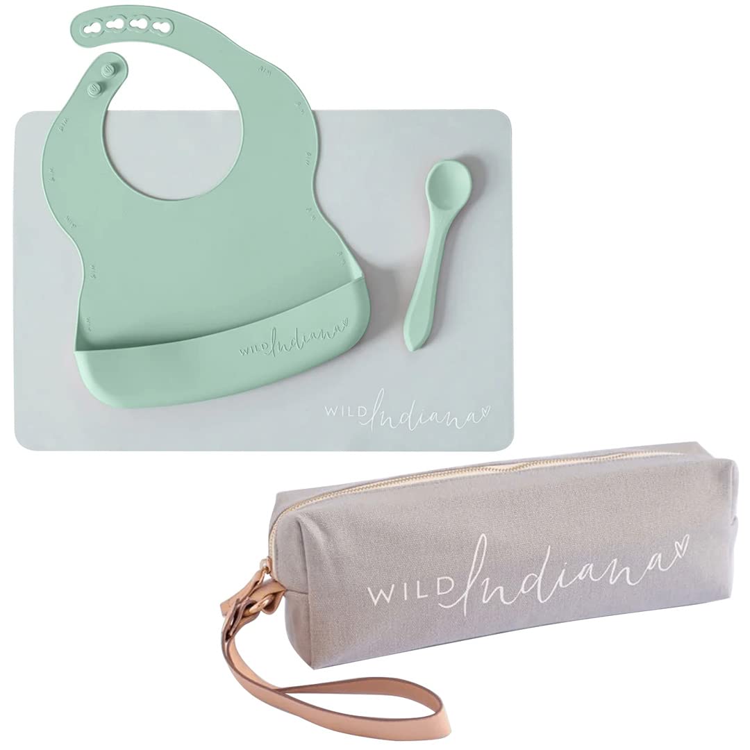 V522-BABYBIBSET-SAGE-89467-00 LIFEBEA WILD INDIANA Eating-out Comfy Silicone Baby Bib set for babies & Toddlers(10-72 Months) Waterproof baby fedding including Waterproof carry case (Sage) - Image 1