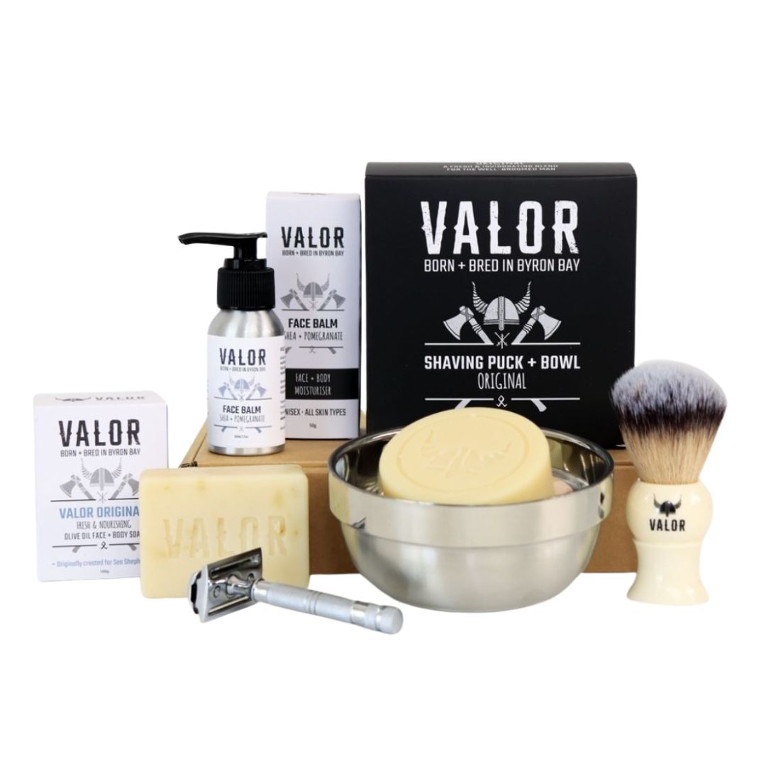 V534-VA160-202506201326-00 VALOR Decadent Shaving Gift Set – Organic Razor Kit with Soap, Brush, Balm & Body Bar - Image 1