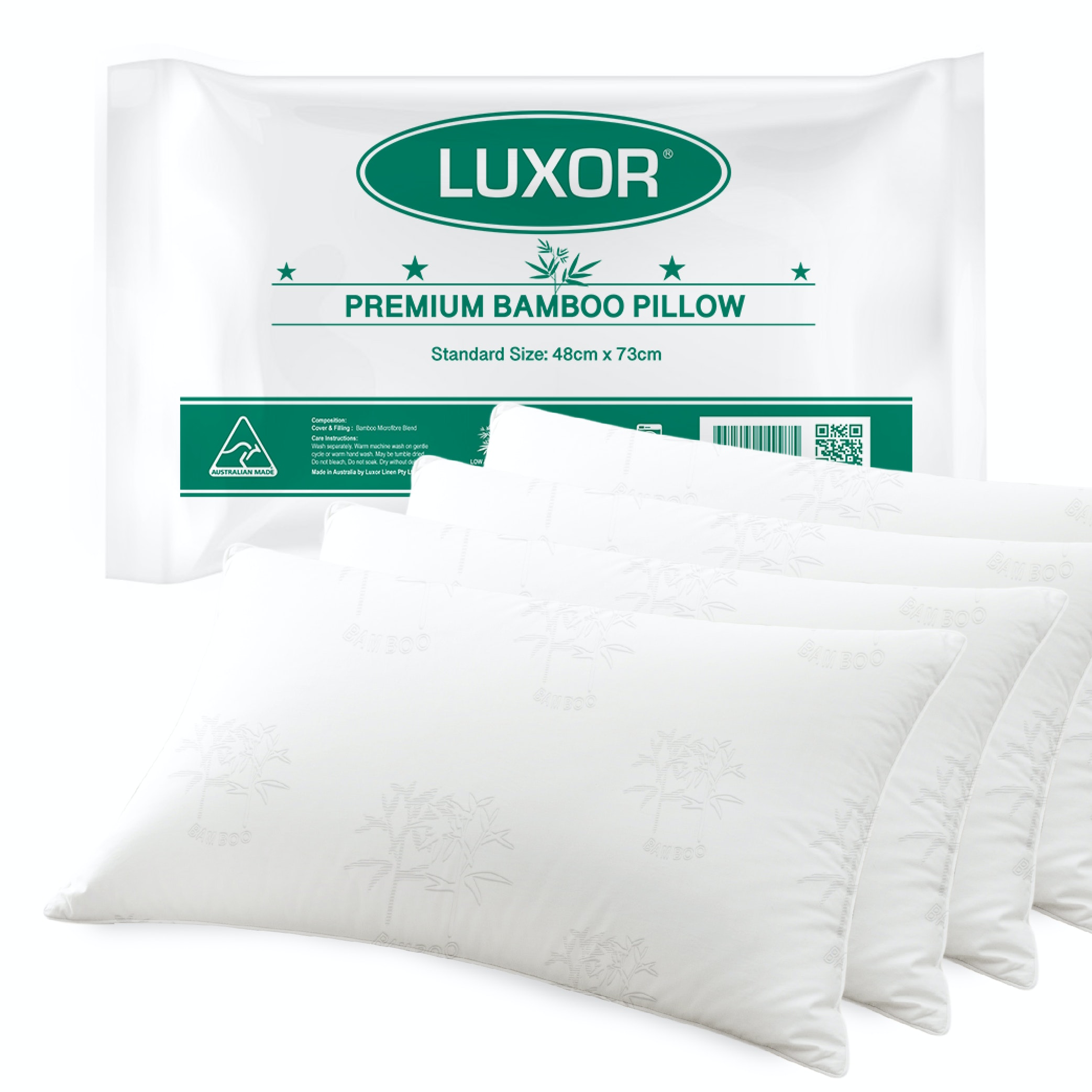 V535-BAMBOO-COOLING-PILLOW-X4-89996-00 Luxor Australian Made Bamboo Cooling Pillow Standard Size Four Pack - Image 1