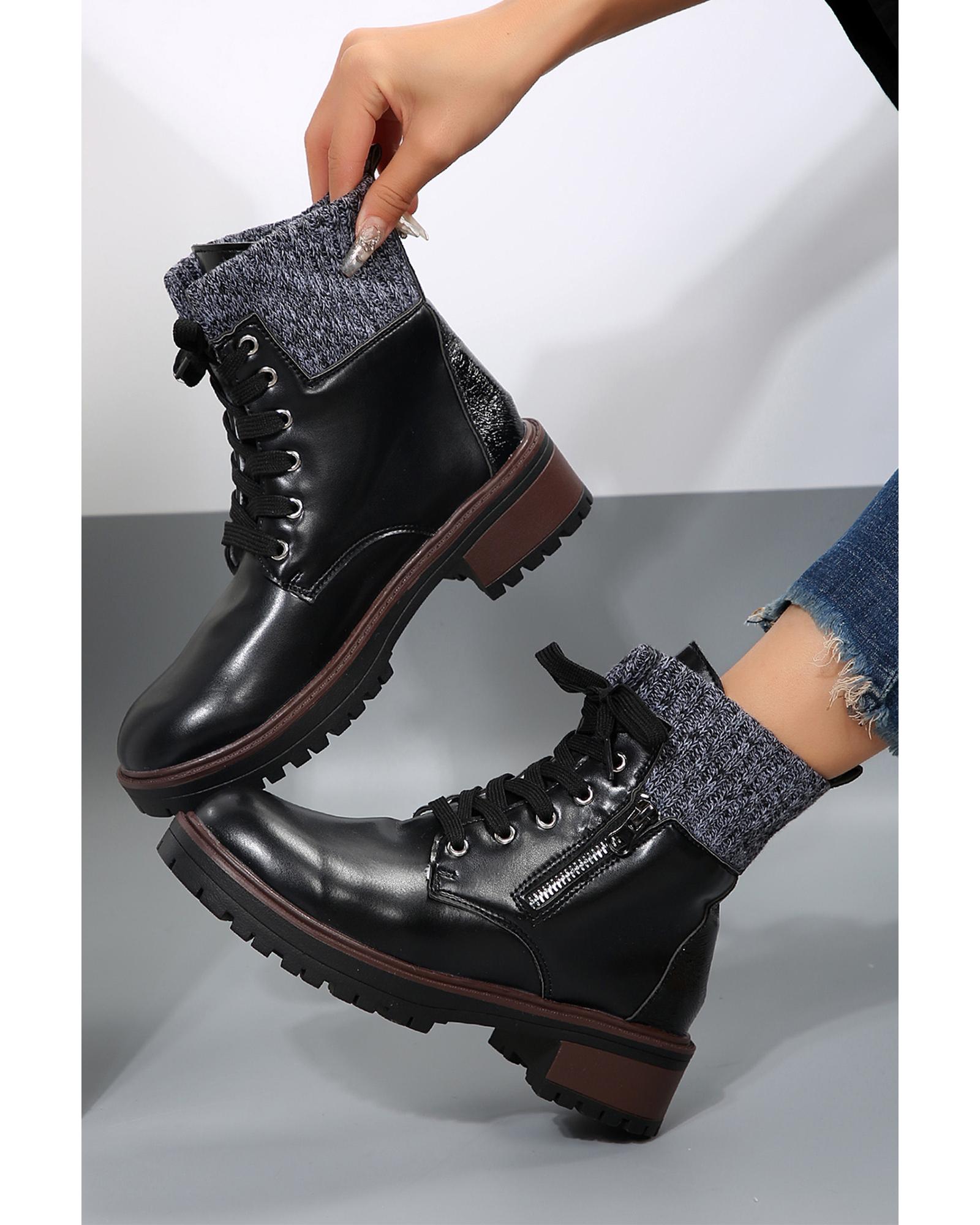 V539-AZEXBH021922-P2-40-202508271320-00 Black Knitted Patched Lace-up Heeled Ankle Boots - 40 EU - Image 1