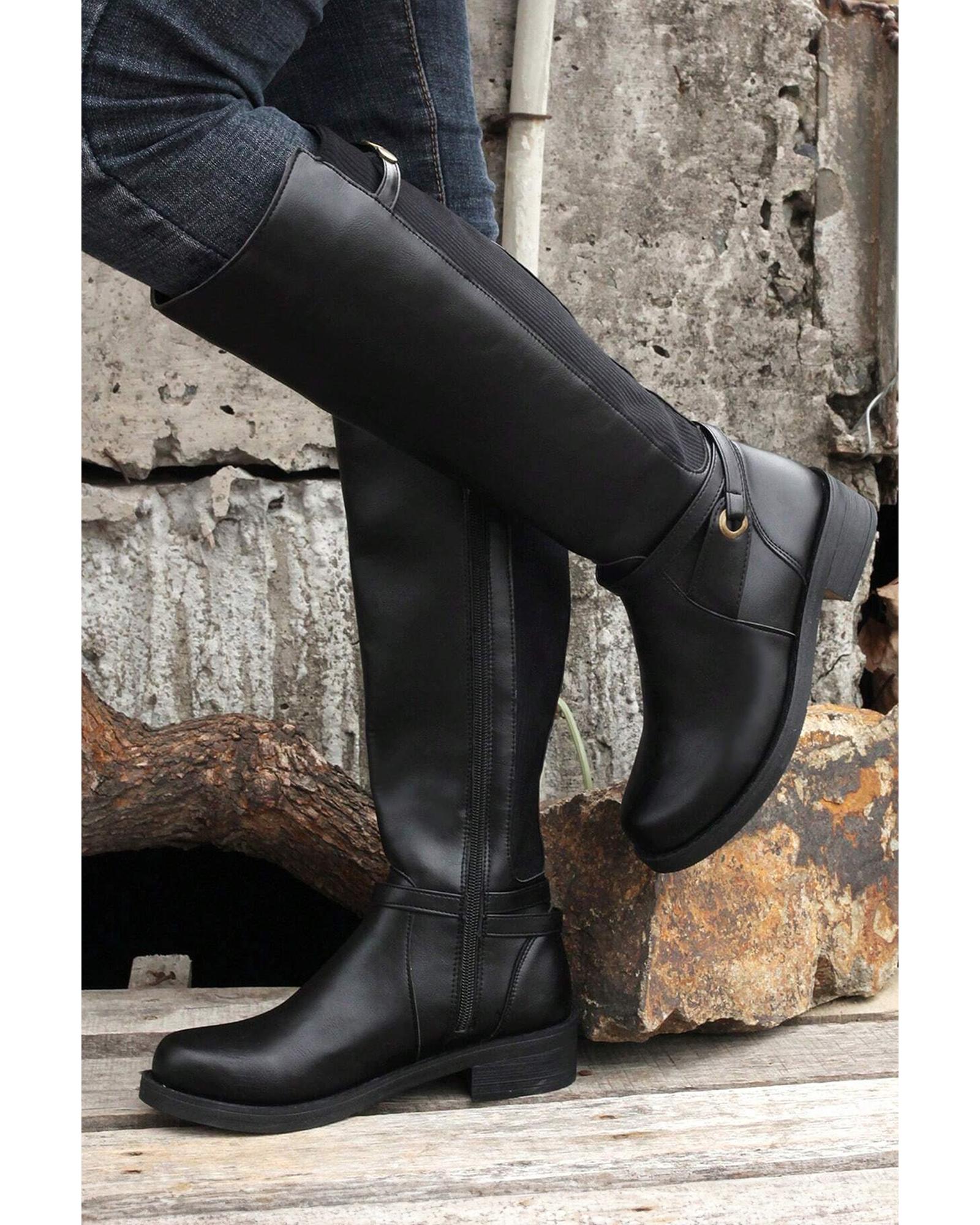 V539-AZEXBH022031-P2-40-202508271525-00 Black Side Zipper Knee High Chunky Low Heel Boots - 40 EU - Image 1