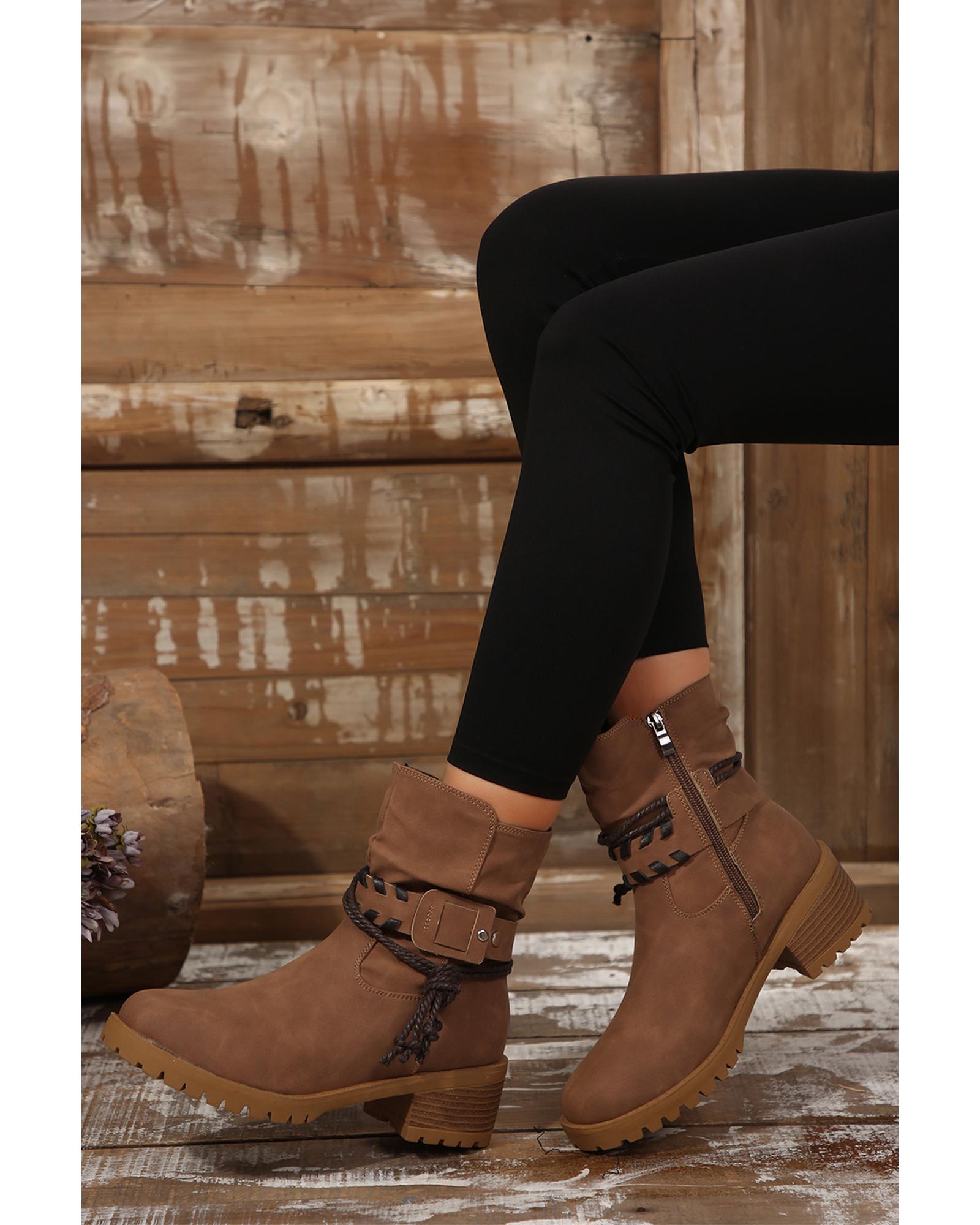 V539-AZEXBH022091-P2017-38-202508271600-00 Chestnut Suede Woven Lace-up Strap Side Zip Boots - 38 EU - Image 1