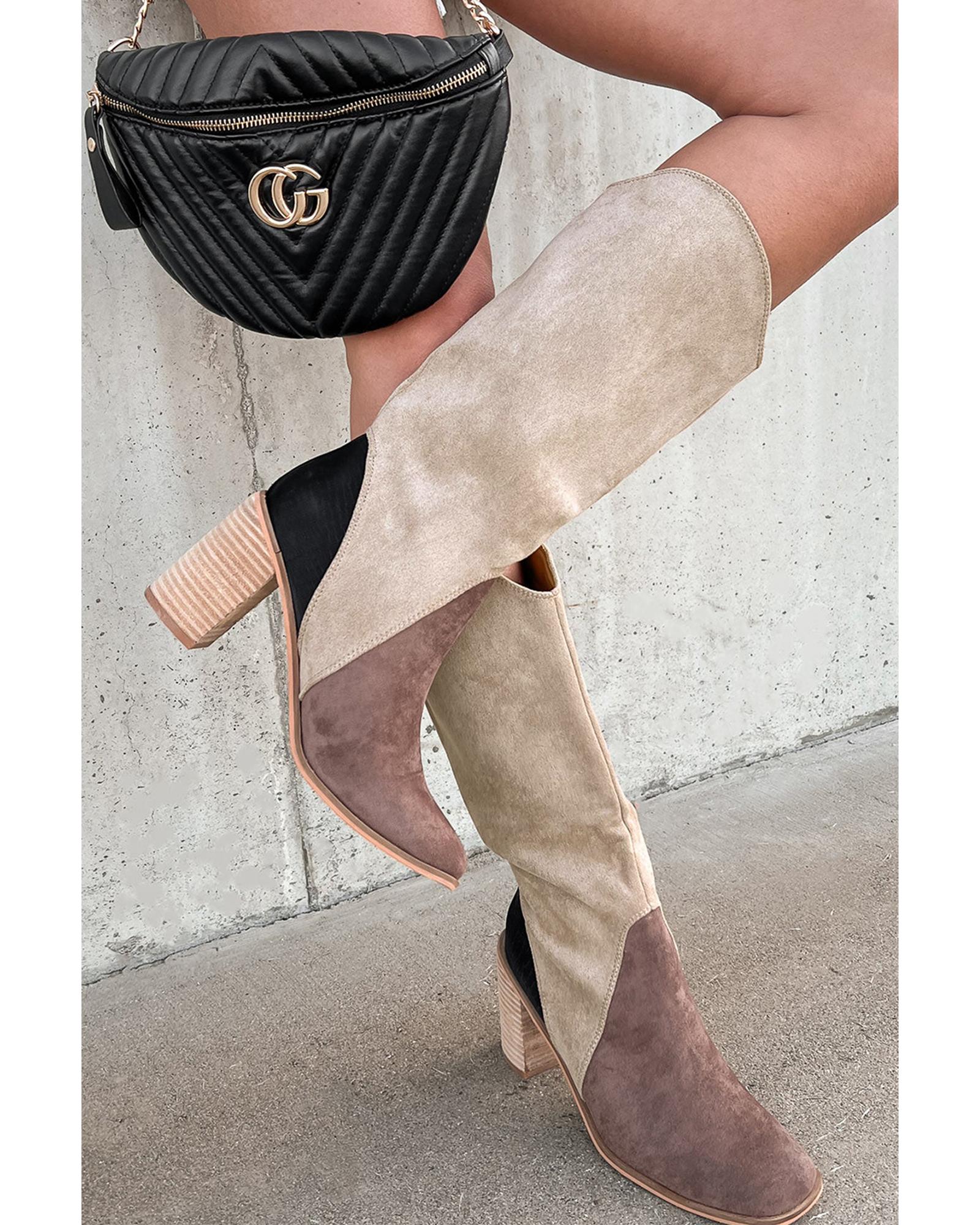 V539-AZEXBH023337-P1017-38-202508271820-00 Coffee Suede Calf Length Chunky Heel Boots - 38 EU - Image 1