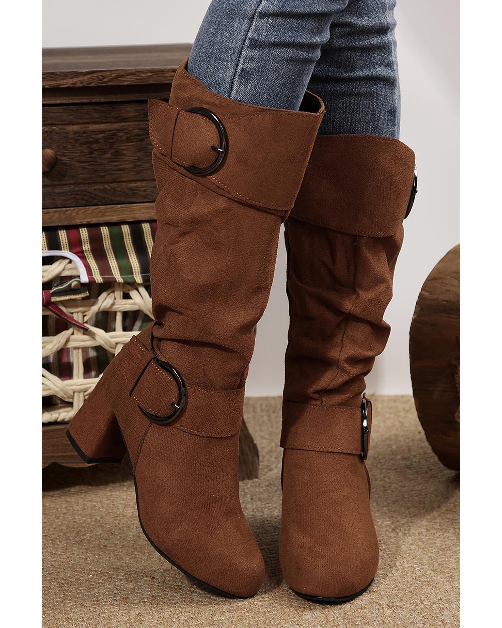 V539-AZEXBH023339-P1017-39-202508271350-00 Coffee Suede Double Buckled Side Zipped Mid-calf Boots - 39 EU - Image 1