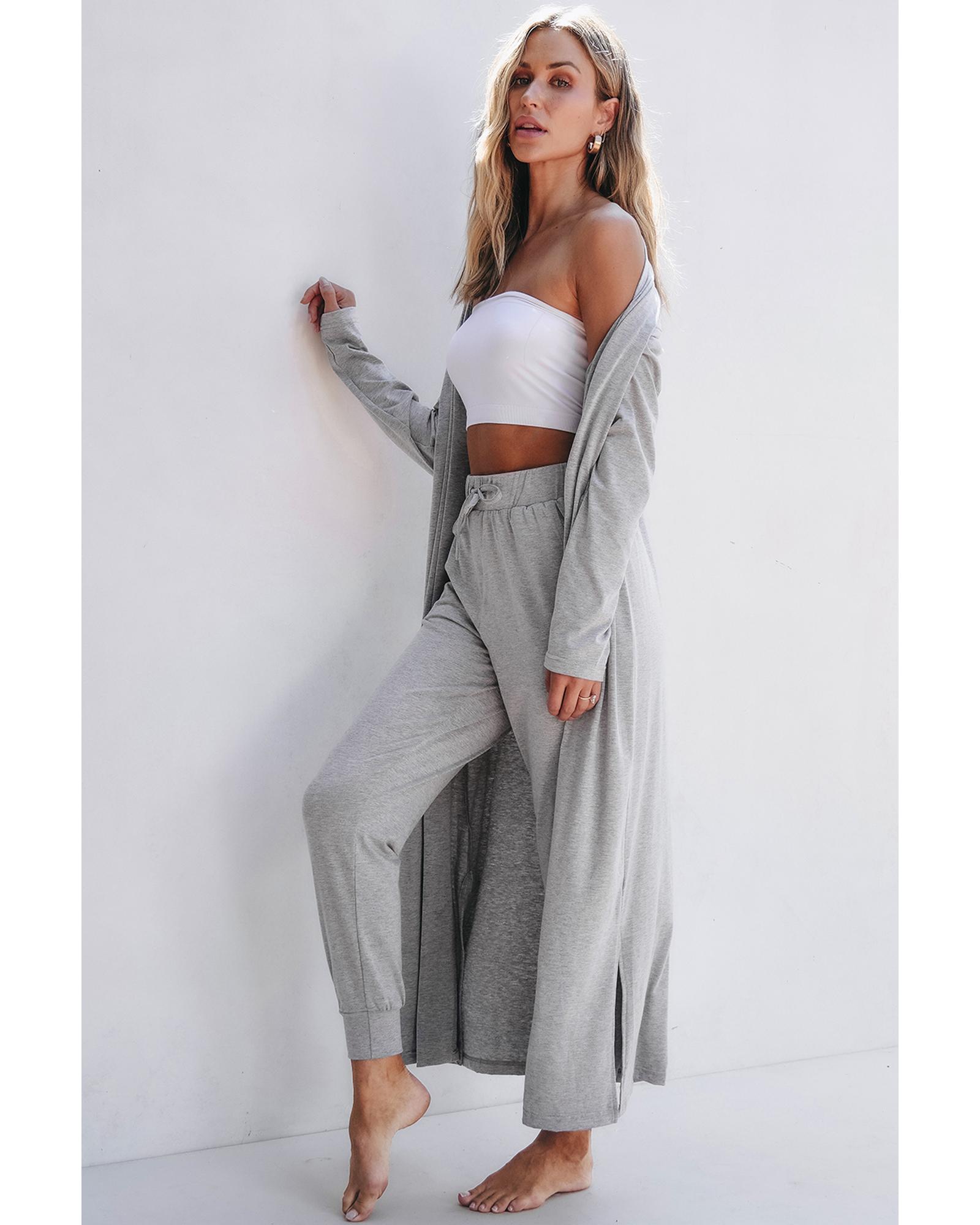 V539-AZEXDC151022-P1011-S-202506112026-00 Light Grey Split Long Cardigan and Skinny Pants Lounge Set - S - Image 1