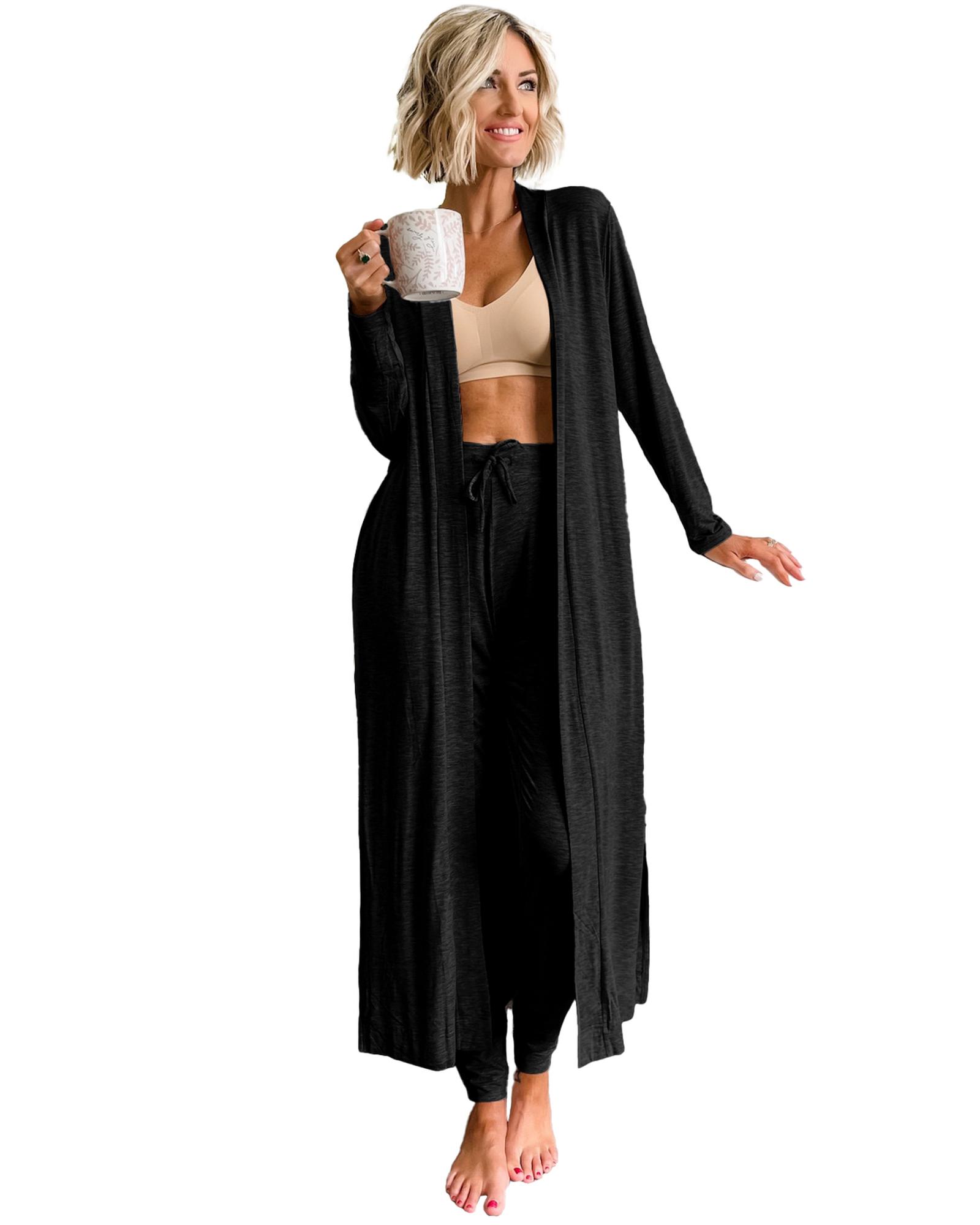 V539-AZEXDC151022-P2-2XL-202508272000-00 Black Split Long Cardigan and Skinny Pants Lounge Set - 2XL - Image 1