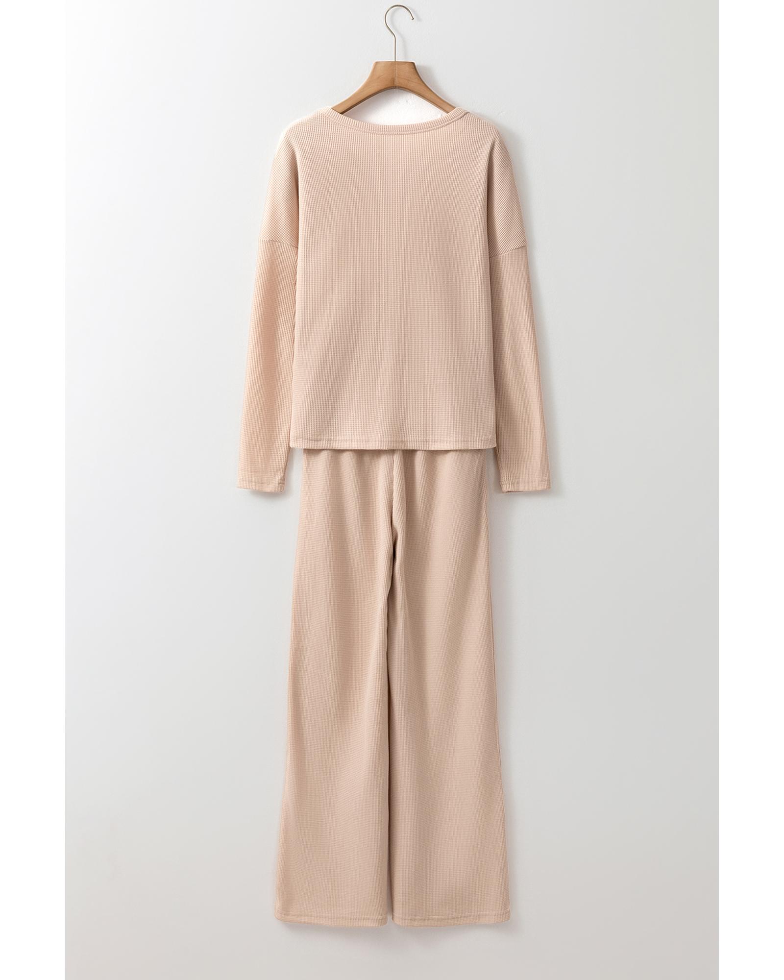 V539-AZEXDC151026-P6016-2XL-202508271055-00 Parchment Textured Long Sleeve T Shirt and Pants Lounge Set - 2XL - Image 1