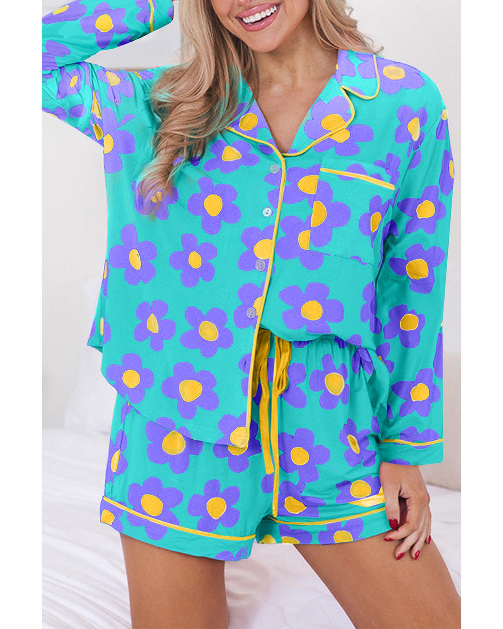 V539-AZEXDC151030-P920-S-202506112112-00 Green Flower Print Long Sleeve Shirt Shorts Pajamas Set - S - Image 1