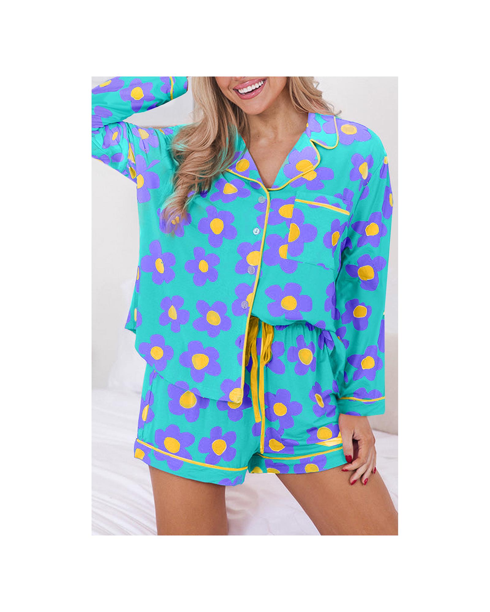 V539-AZEXDC151030-P920-XL-202508271335-00 Green Flower Print Long Sleeve Shirt Shorts Pajamas Set - XL - Image 1
