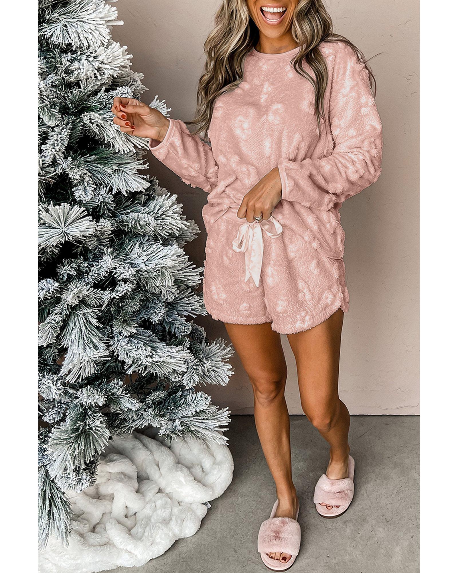 V539-AZEXDC151054-P1010-XL-202508272030-00 Light Pink Textured Leopard Fleece Loose Two Piece Lounge Set - XL - Image 1