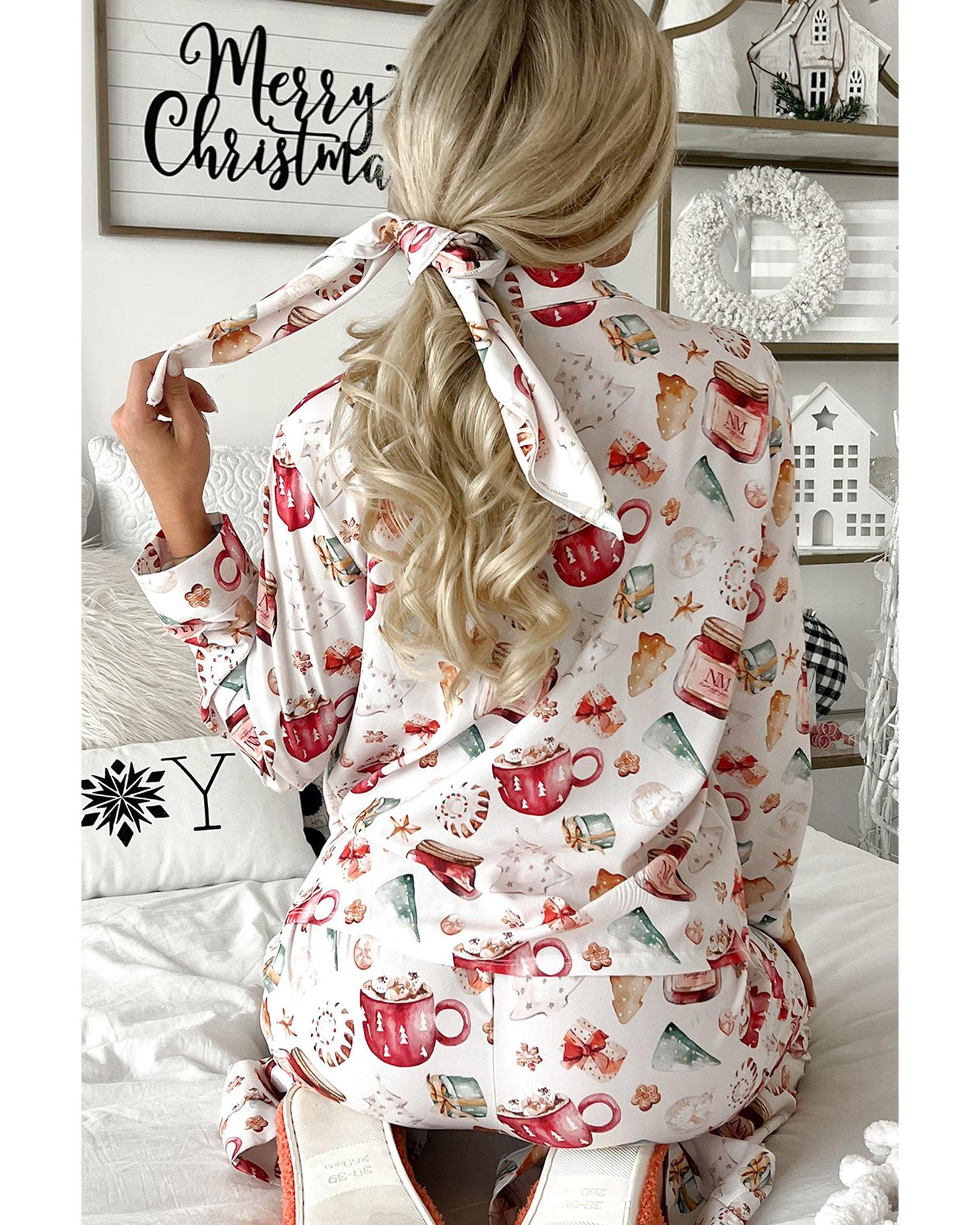 V539-AZEXDC151058-P1-L-202508272150-00 White Christmas Pattern Long Sleeve Shirt and Pants Pajama Set - L - Image 1