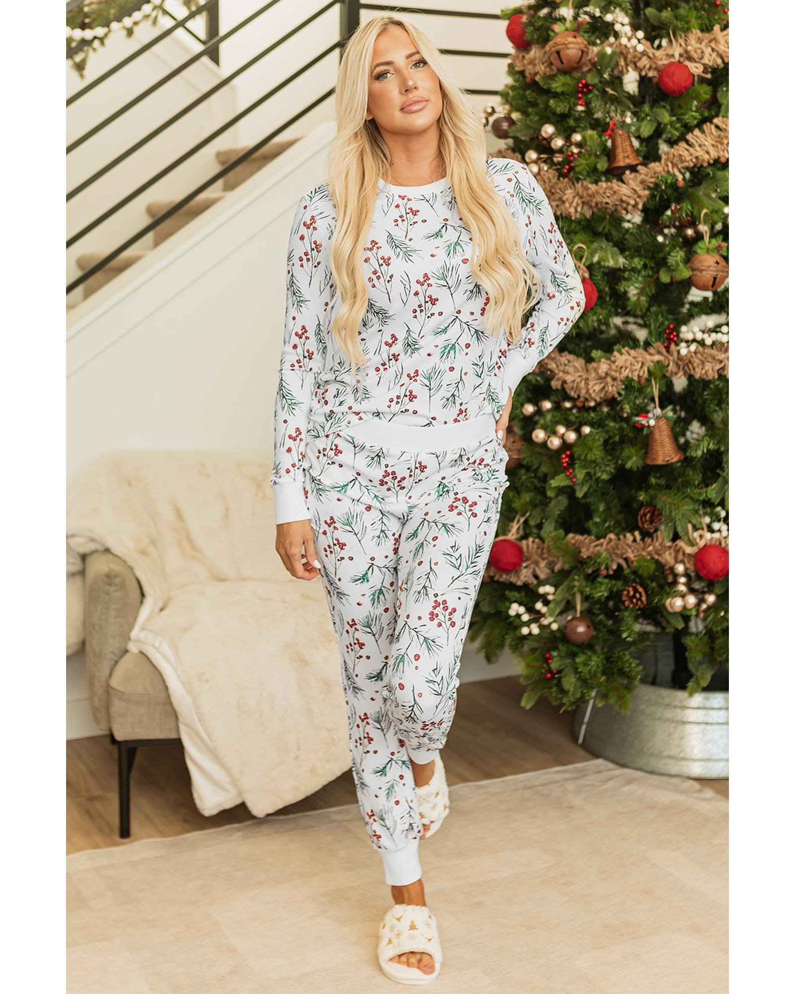 V539-AZEXDC151064-P120-S-202506191712-00 White Holly Print Thermal Pullover Pants Lounge Set - S - Image 1