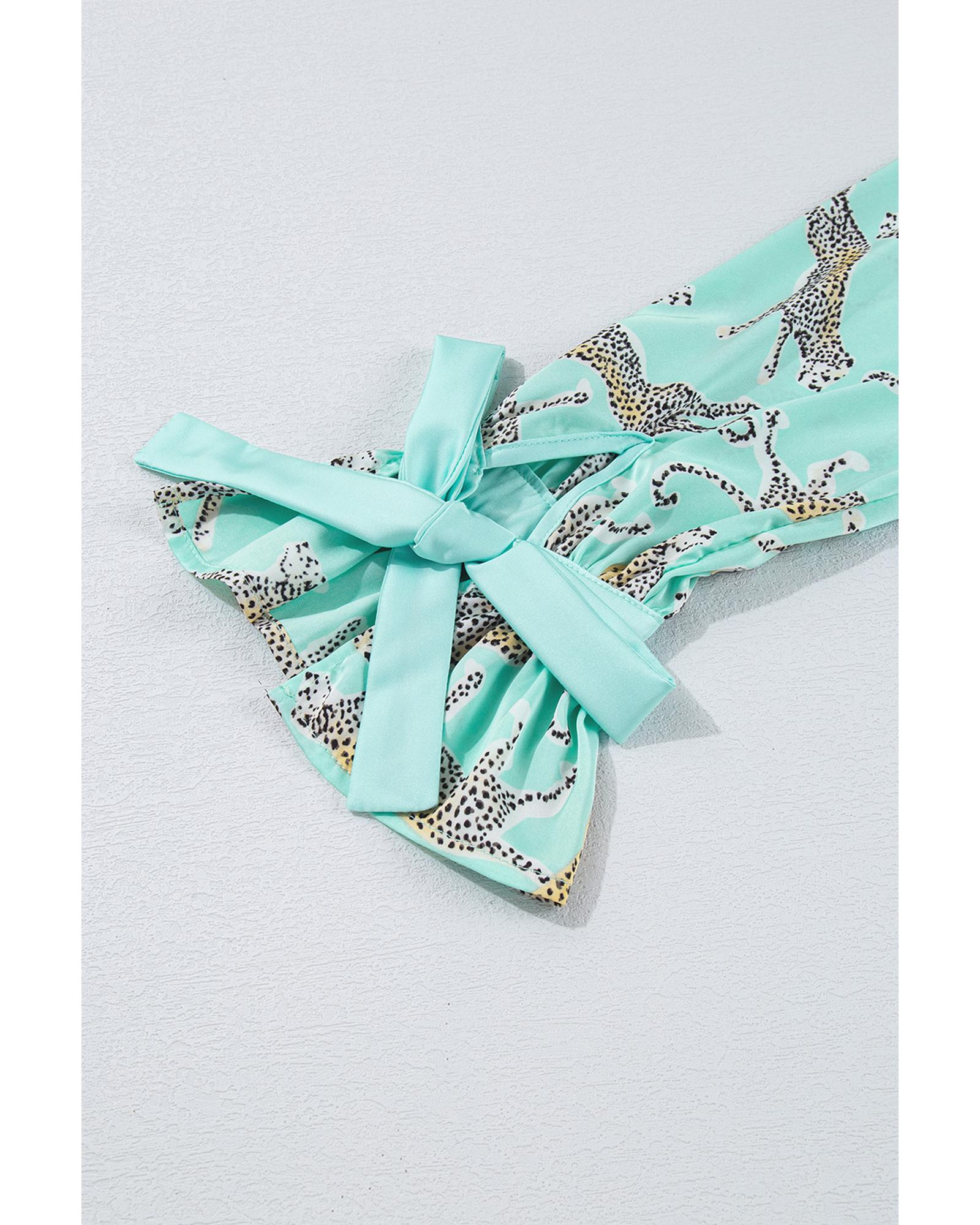 V539-AZEXDC151102-P920-S-202506112345-00 Green Leopard Satin Ruffle Pajama Short Set - S - Image 1