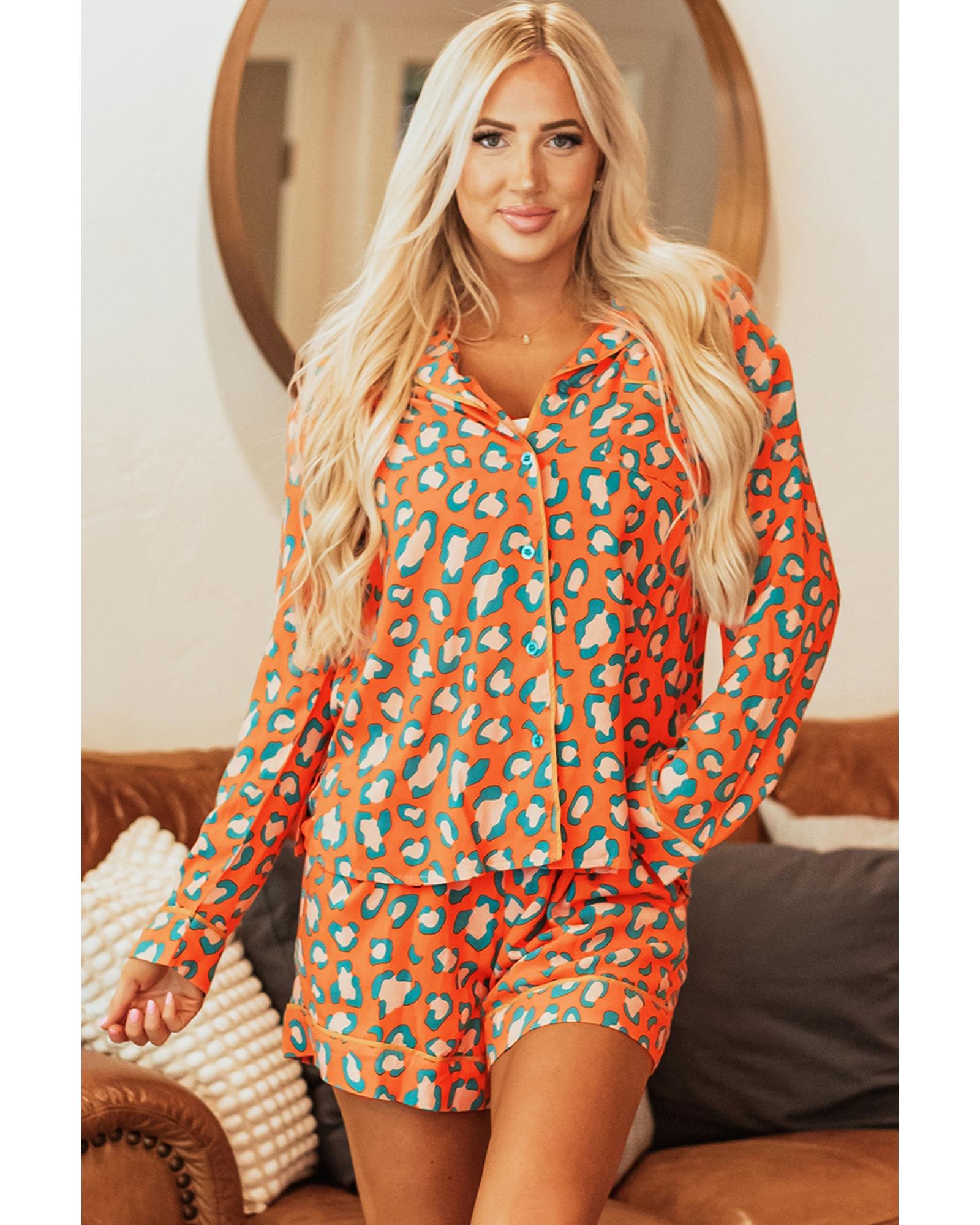 V539-AZEXDC151110-P1420-M-202508270340-00 Orange Leopard Print Long Sleeve Shirt and Shorts Pajama Set - M - Image 1