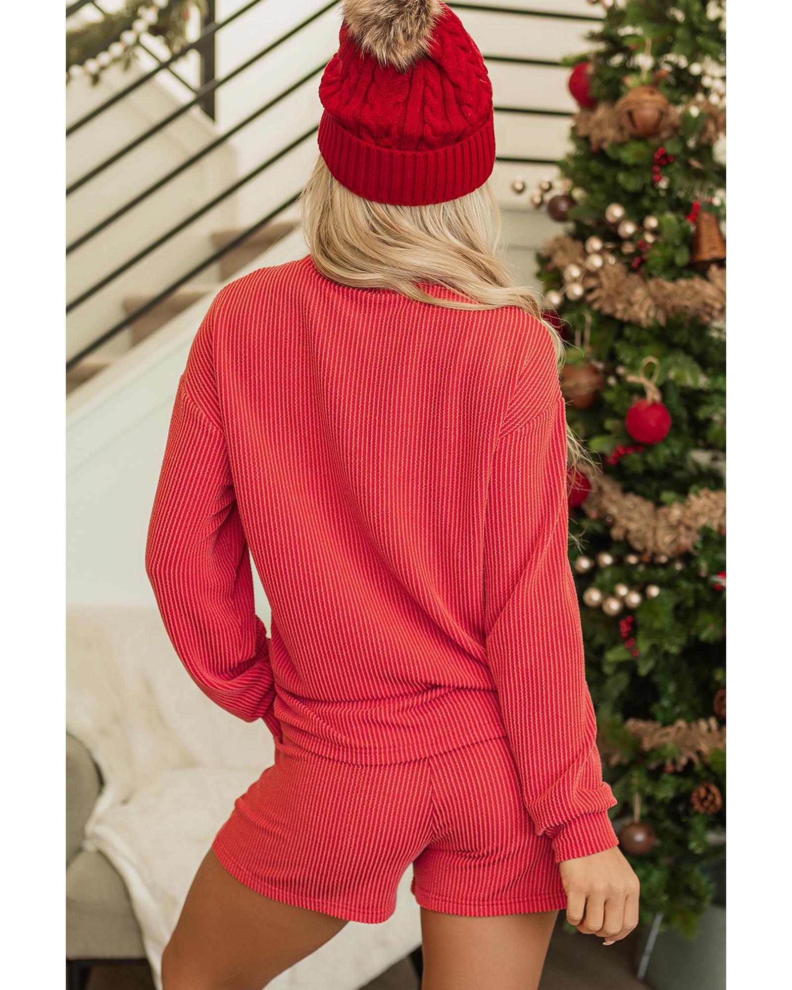 V539-AZEXDC151125-P603-2XL-202508270630-00 Racing Red Corded MERRY Graphic Long Sleeve Top and Shorts Set - 2XL - Image 1