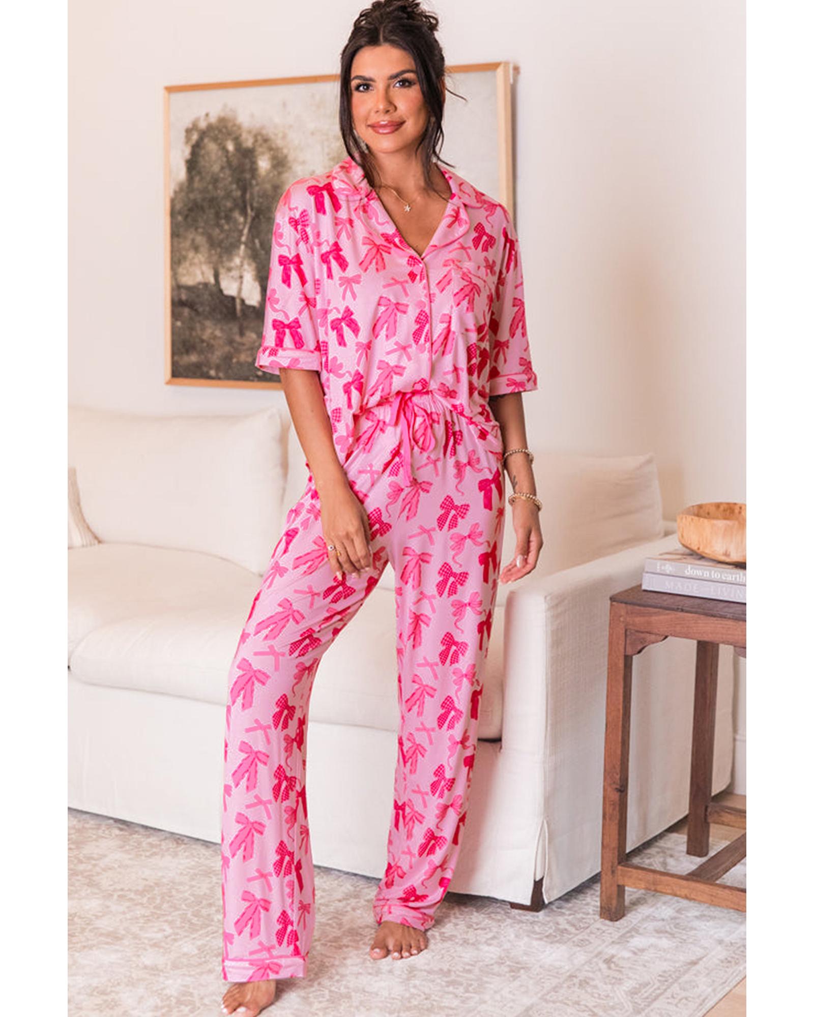 V539-AZEXDC151127-P1020-S-202506120032-00 Pink Bow Knot Print Lapel Collar Short Sleeve and Pants Pajamas Set - S - Image 1