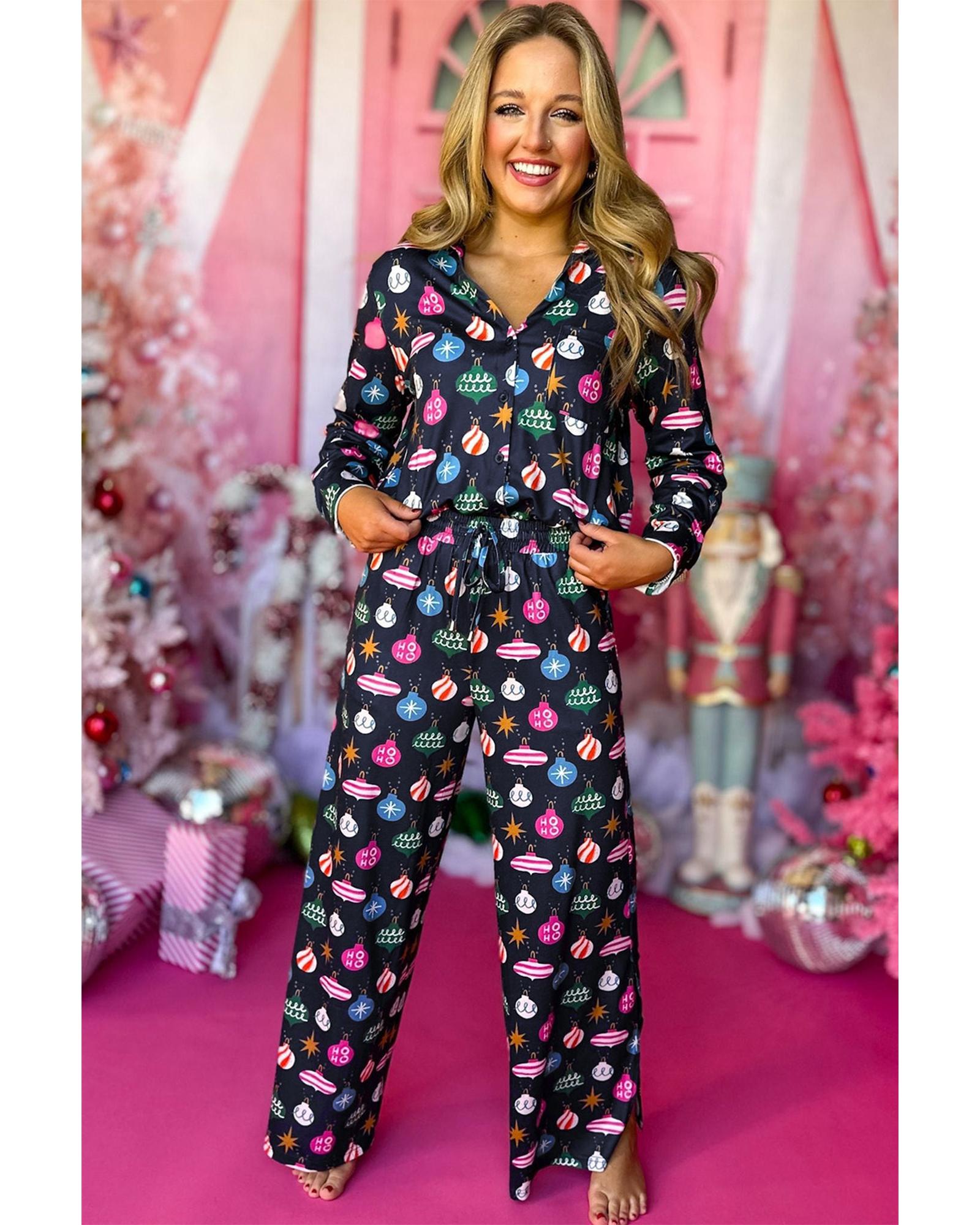 V539-AZEXDC151129-P605-M-202508270820-00 Navy Blue Colorful Christmas Lights Print Shirt and Pants Pajama Set - M - Image 1
