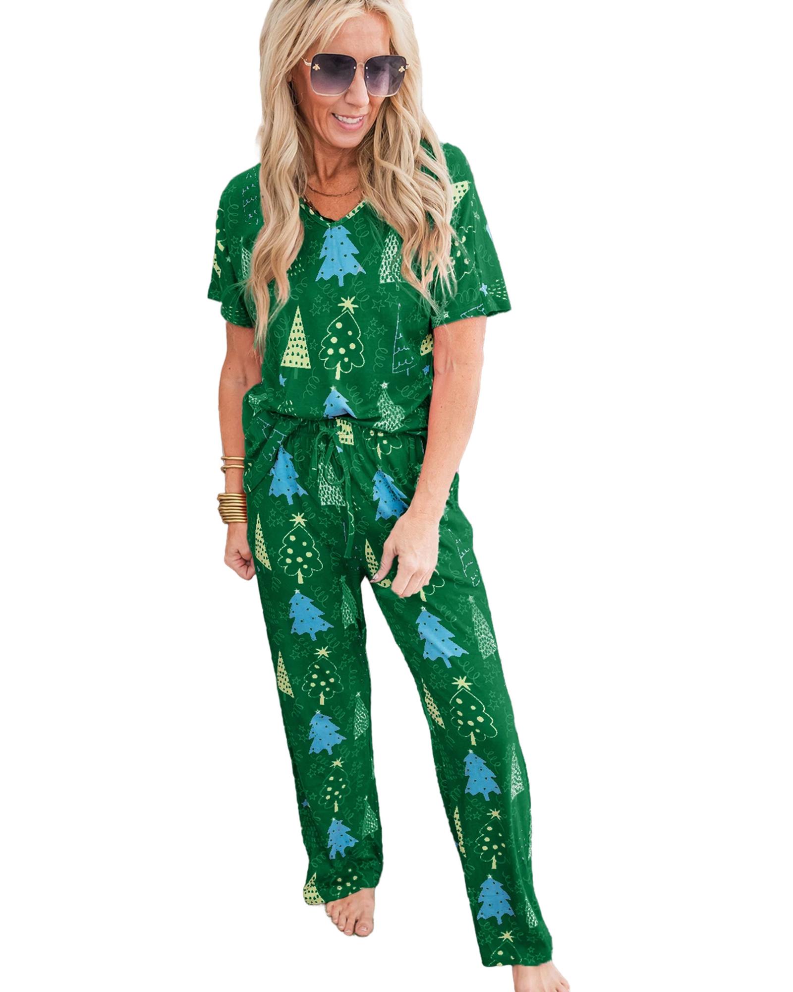V539-AZEXDC151137-P920-XL-202508270135-00 Green Christmas Tree Print V Neck Tee and Pants Lounge Set - XL - Image 1