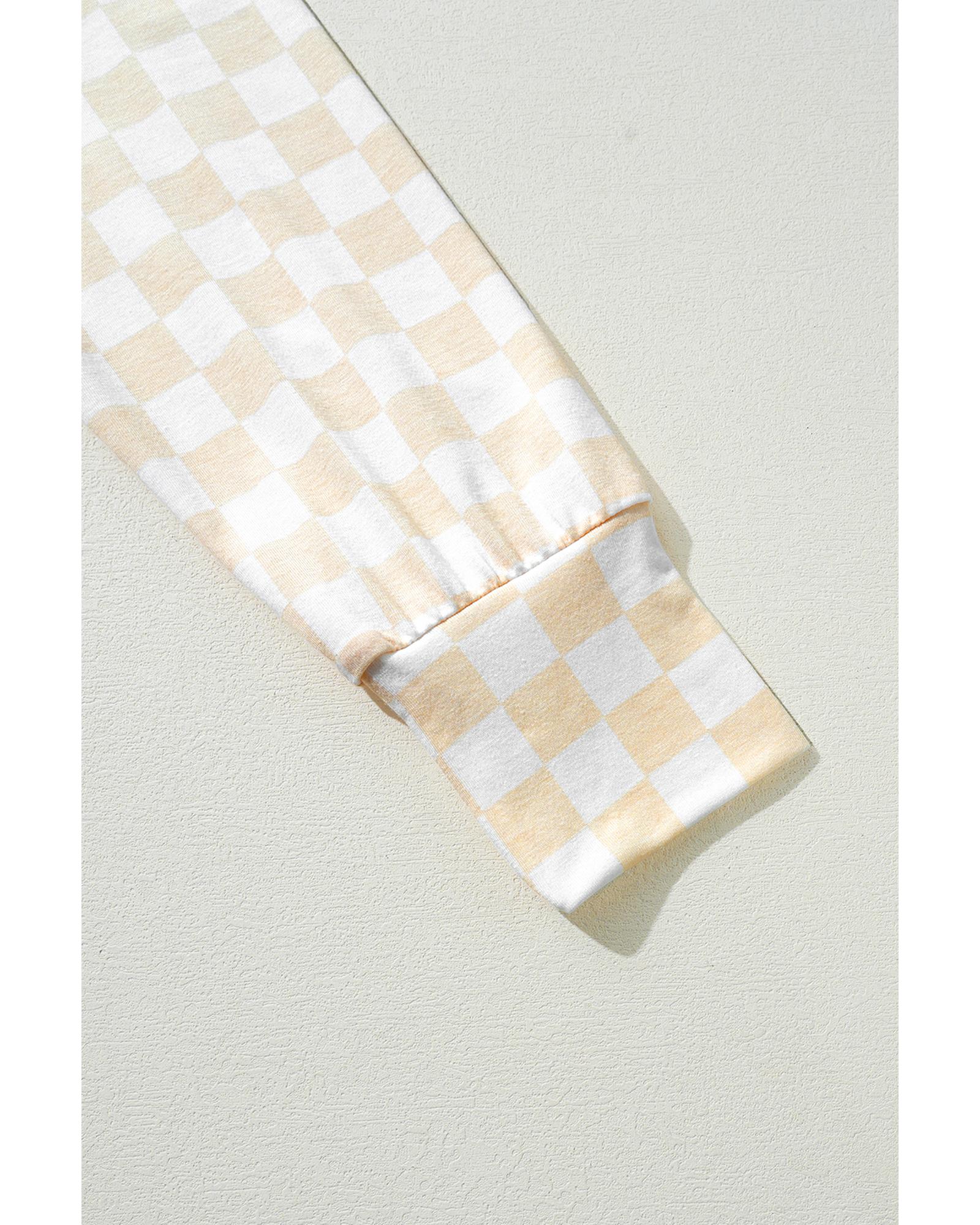 V539-AZEXDC151141-P1520-L-202508270255-00 Beige Checkered Print Long Sleeve Top and Pants Lounge Set - L - Image 1