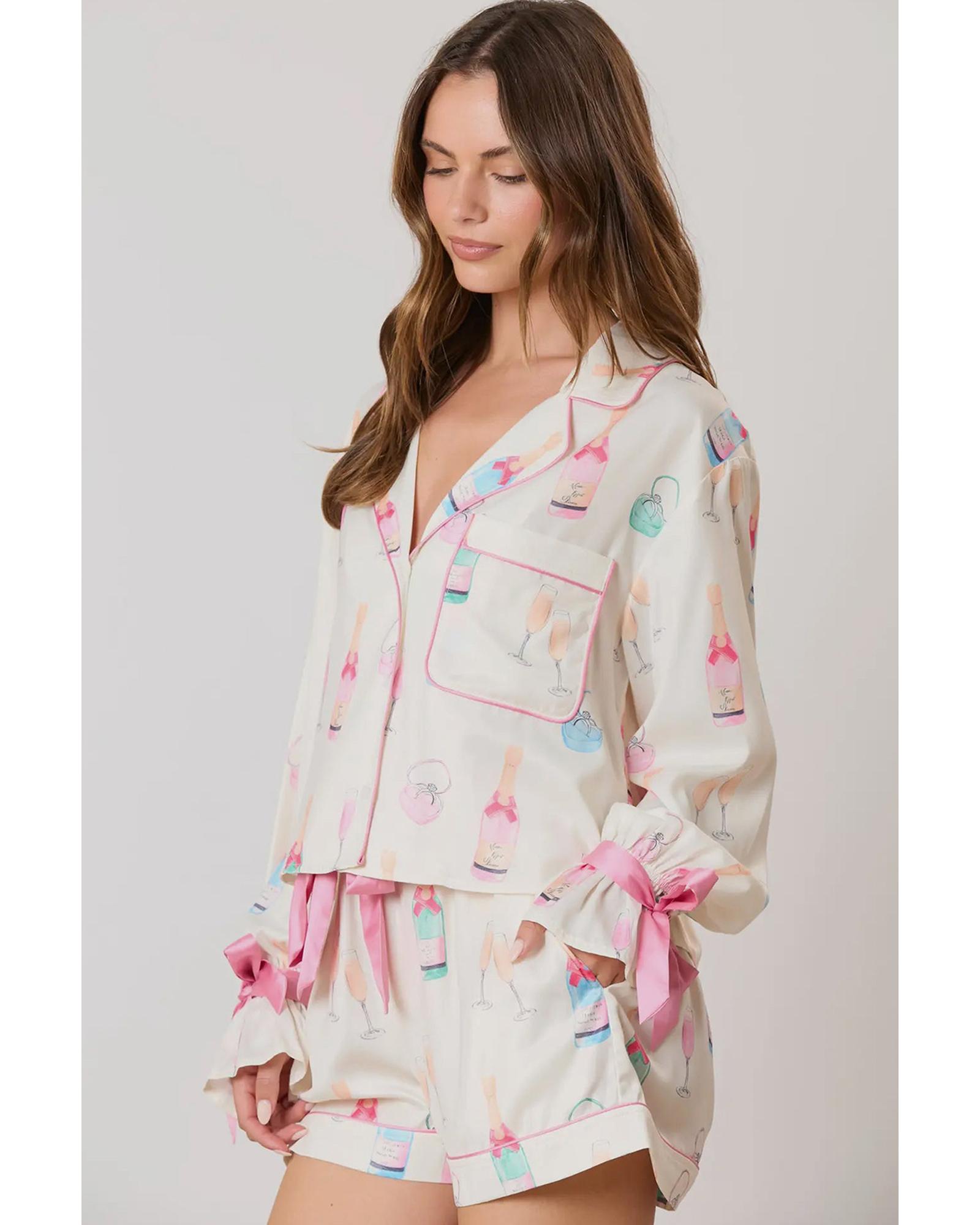 V539-AZEXDC151149-P120-M-202508271755-00 Azura Exchange White Christmas Wine Glass Print Bow Knot Two Piece Pajama Set - M - Image 1