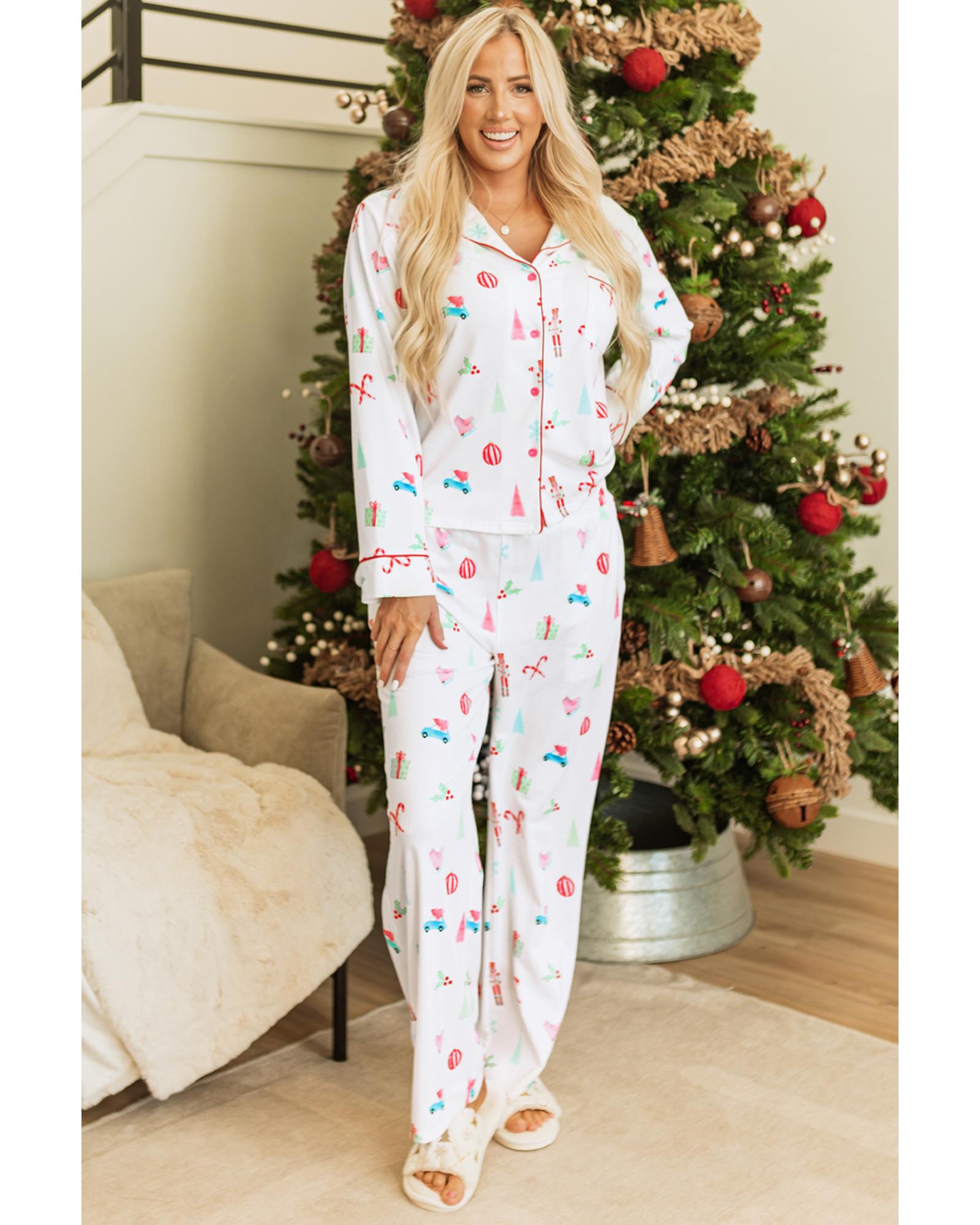 V539-AZEXDC151158-P120-2XL-202508272140-00 White Christmas Print Lapel Shirt and Pants Sleepwear - 2XL - Image 1