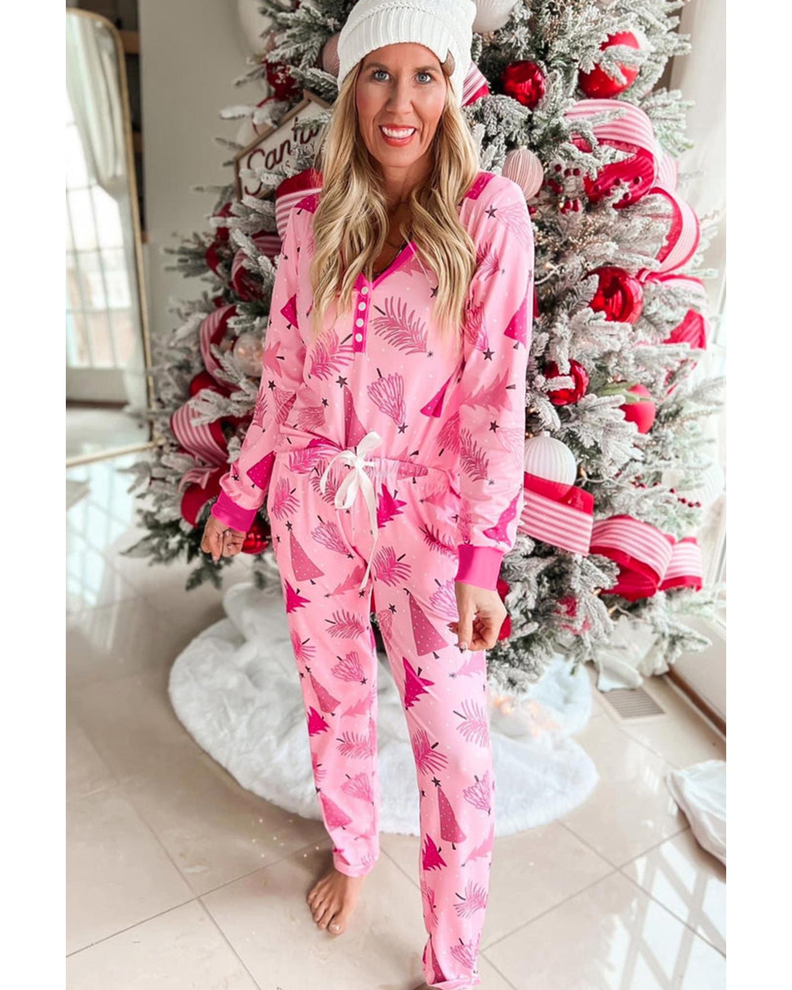 V539-AZEXDC151162-P1020-L-202508270530-00 Pink Christmas Tree Print V Neck Buttoned Pullover and Drawstring Pants Lounge Set - L - Image 1
