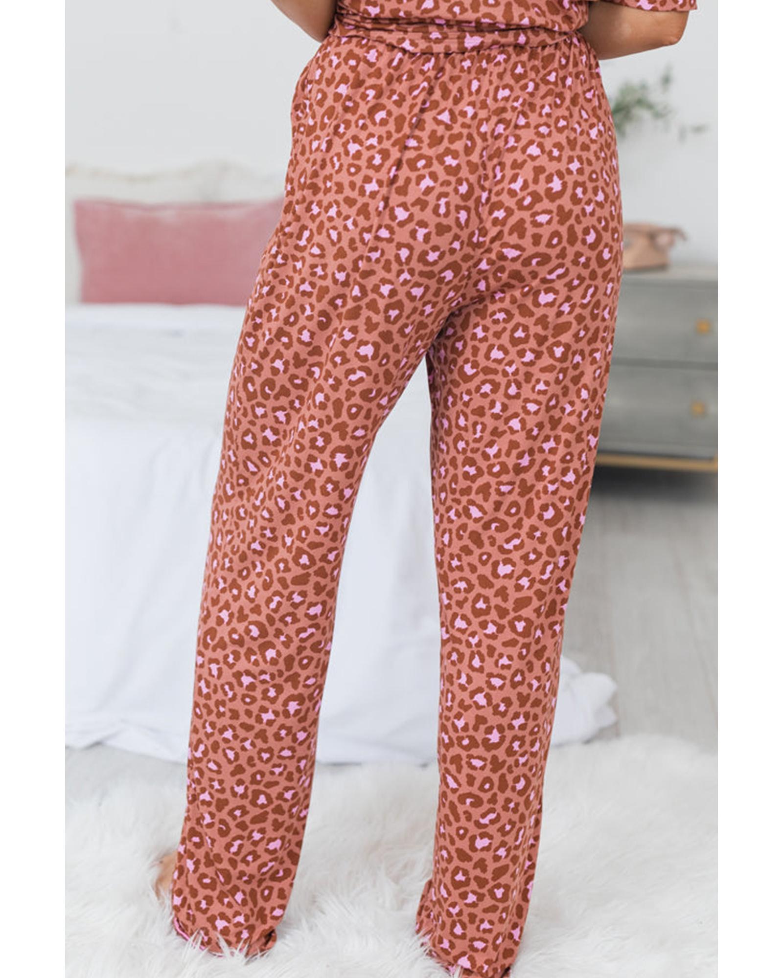 V539-AZEXDC151247-P1720-S-202506111937-00 Brown Leopard Print Short Sleeve Shirt and Pants Pajamas Set - S - Image 1
