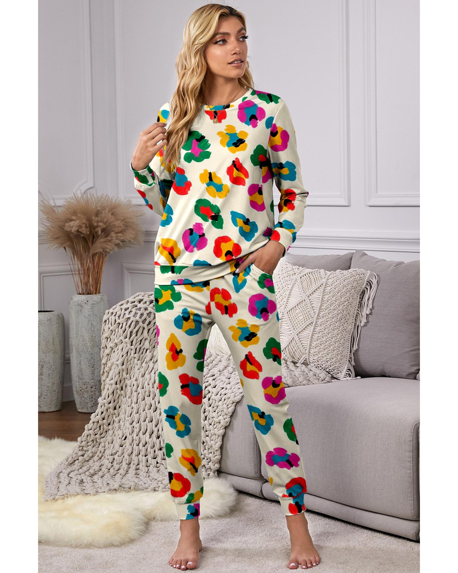 V539-AZEXDC151270-P1820-S-202506111952-00 Apricot Leopard Print Long Sleeve Top and Skinny Pants Lounge Set - S - Image 1