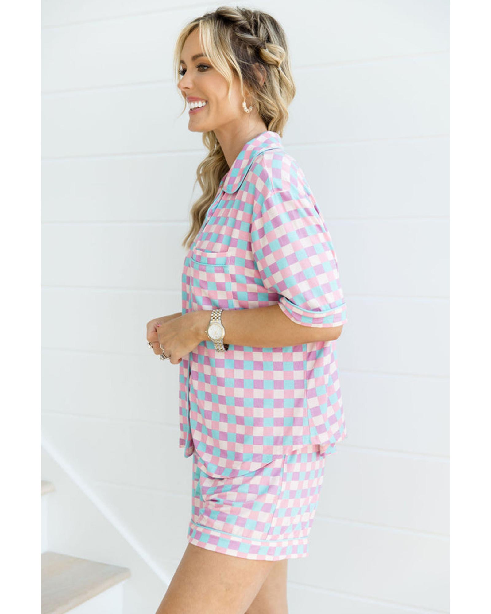 V539-AZEXDC151282-P820-L-202508272125-00 Purple Checkered Pattern Short Sleeve Pajamas Set - L - Image 1