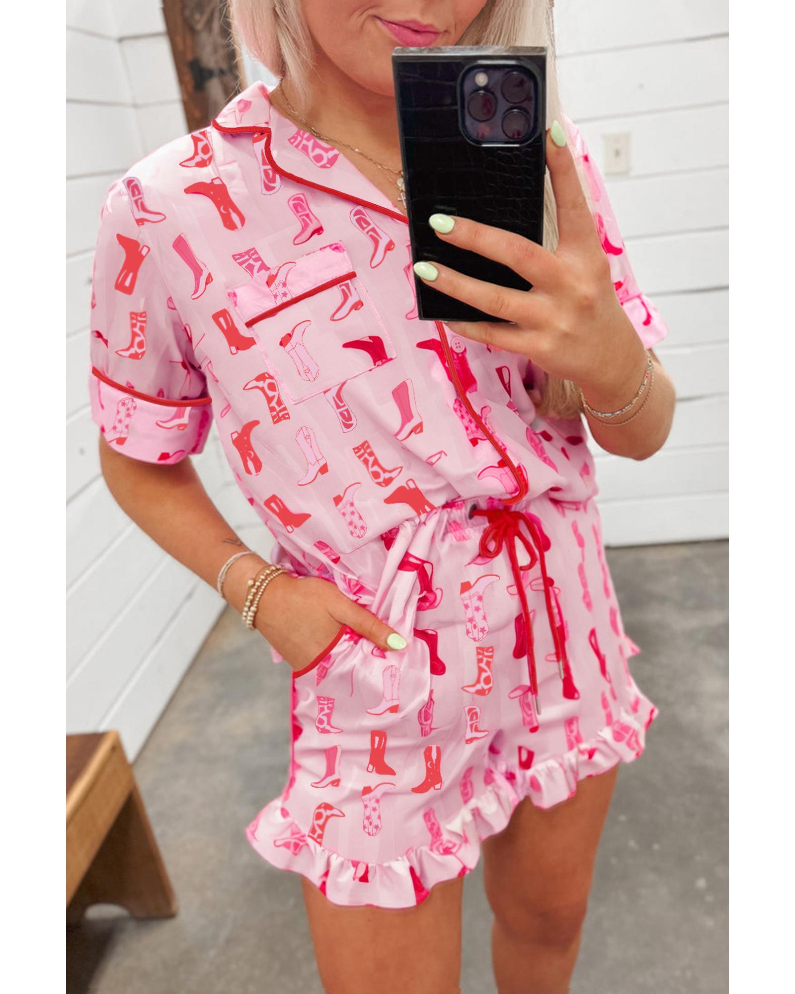 V539-AZEXDC151319-P1020-L-202508270510-00 Pink Western Cowgirl Boots Printed Shirt Ruffled Shorts Pajama Set - L - Image 1