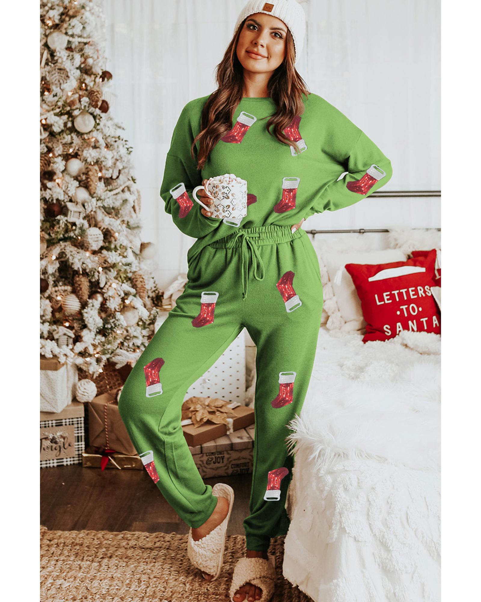 V539-AZEXDC151322-P709-L-202508271040-00 Spinach Green Sequin Christmas Stockings Graphic Two Piece Lounge Set - L - Image 1