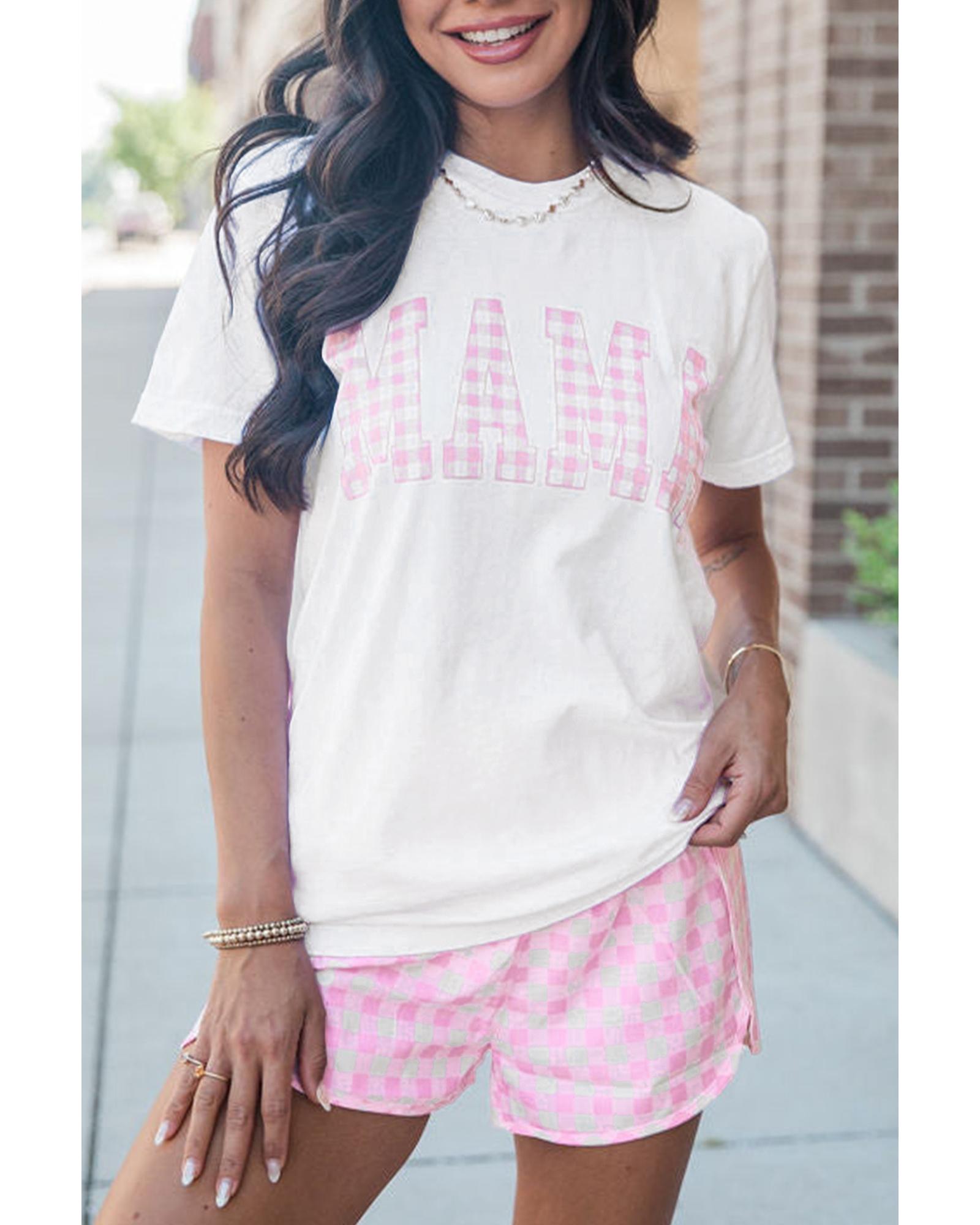 V539-AZEXDC151366-P120-S-202506112125-00 White MAMA Printed Tee and Plaid Shorts Lounge Set - S - Image 1