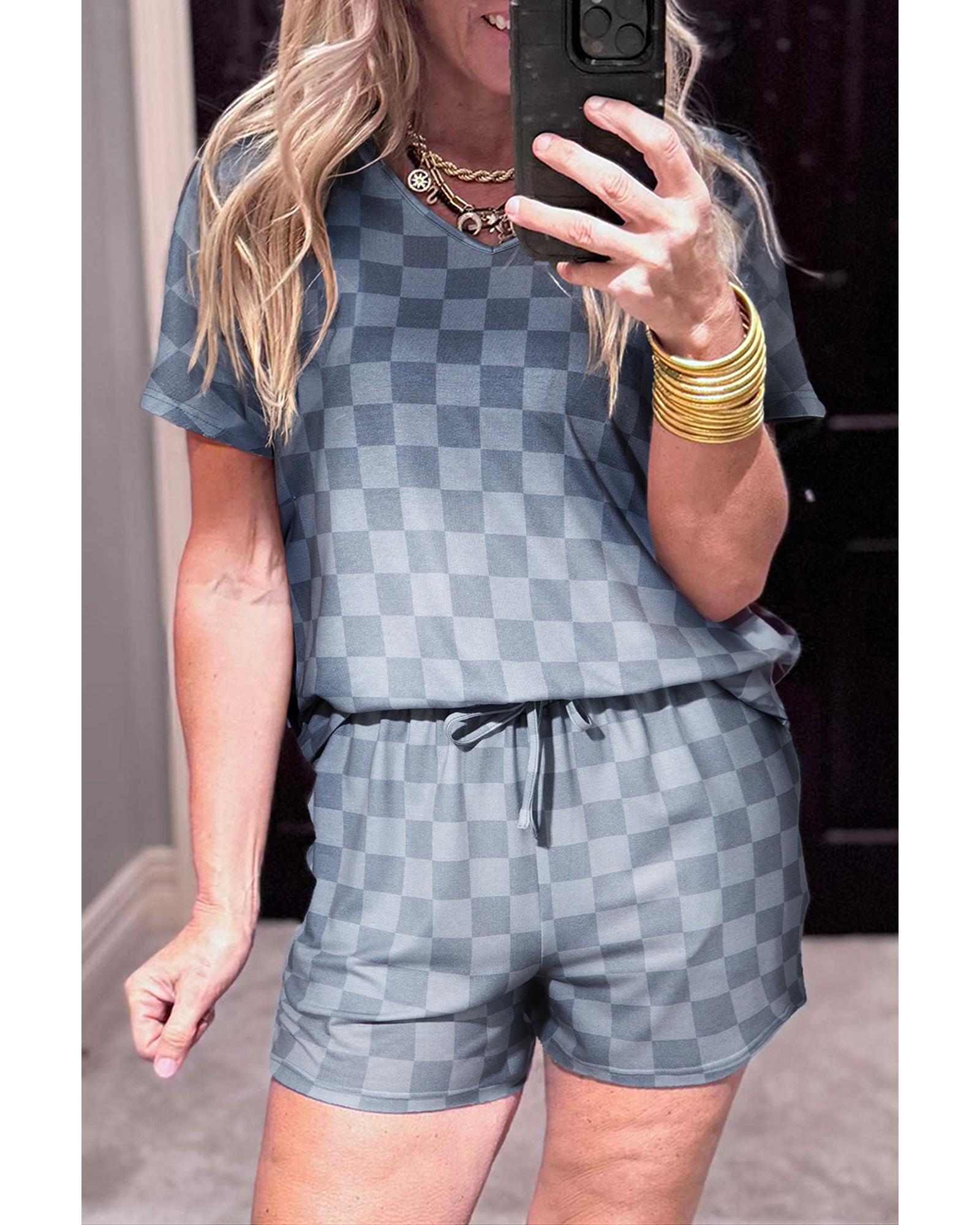 V539-AZEXDC151385-P1120-S-202506112145-00 Gray Checkered V Neck Tee Drawstring Shorts Lounge Set - S - Image 1