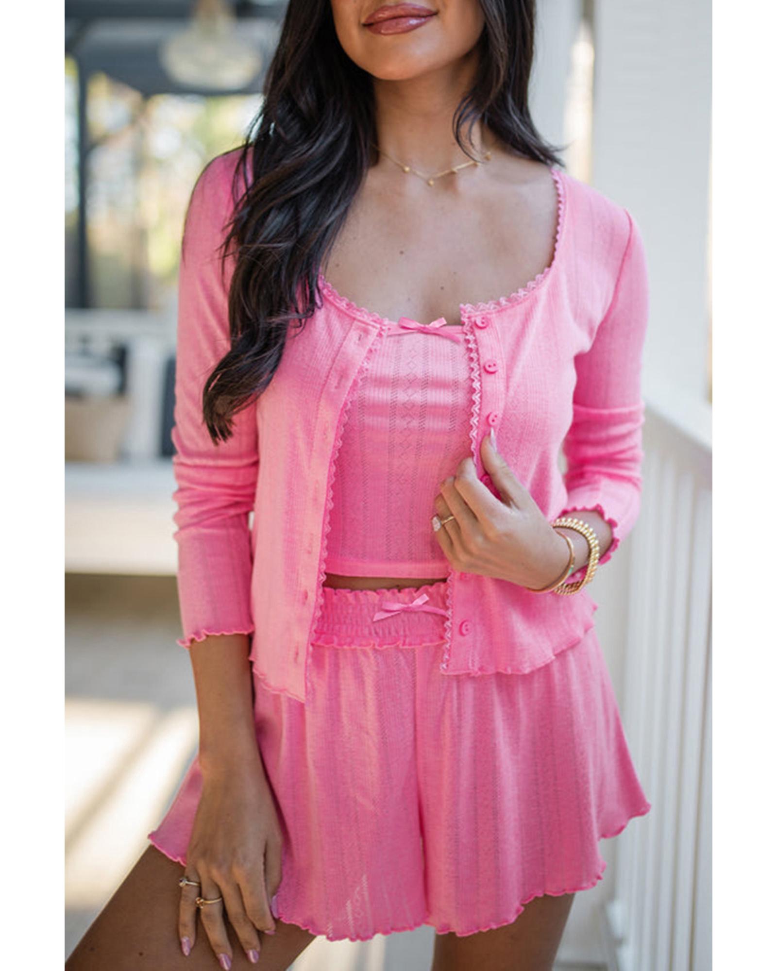 V539-AZEXDC151407-P3010-M-202508271035-00 Bonbon Delicate Texture Cropped Cami Shorts and Cardigan 3pcs Lounge Set - M - Image 1