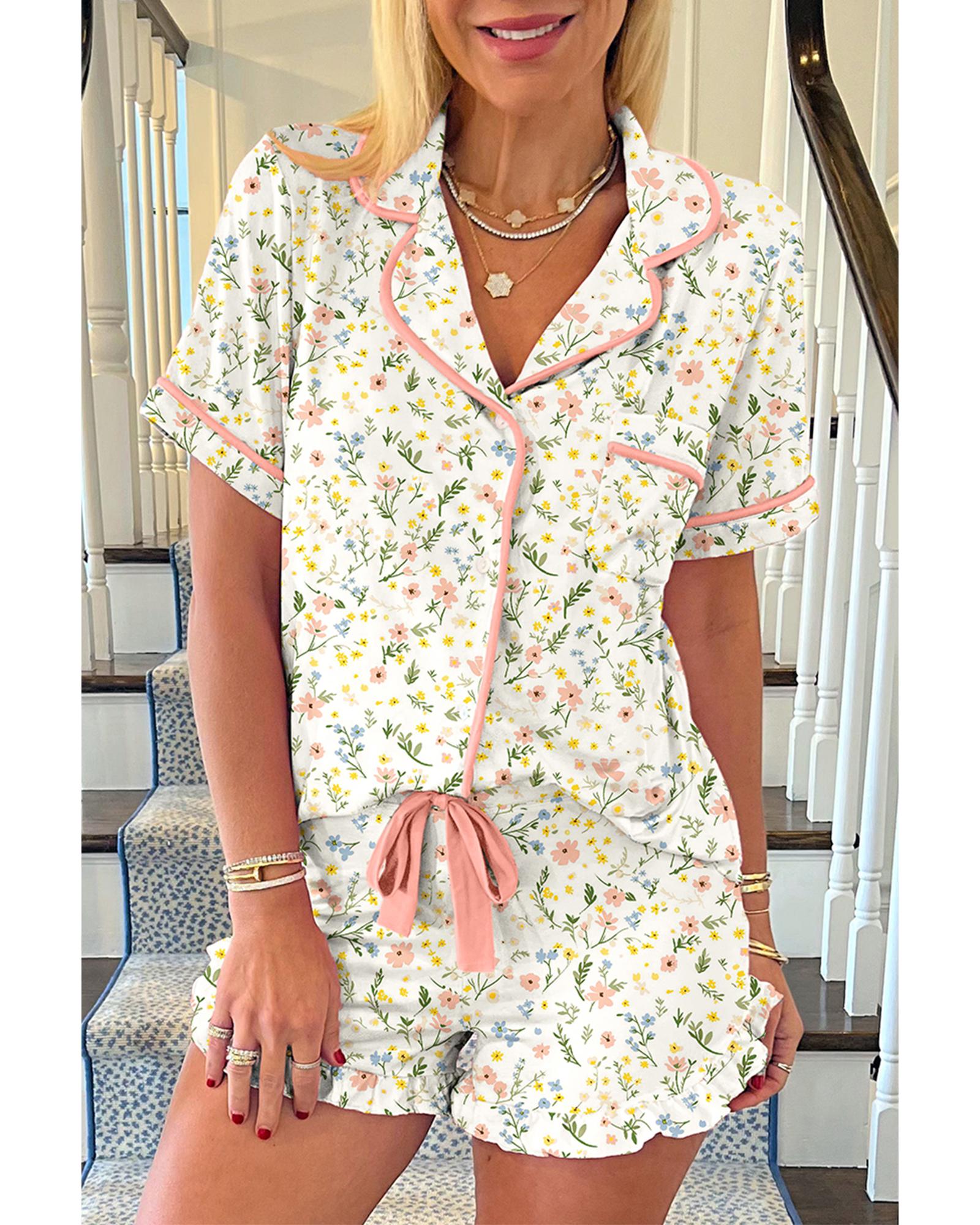 V539-AZEXDC151494-P120-M-202508270715-00 White Floral Print Contrast Pipping Short Pajamas Set - M - Image 1