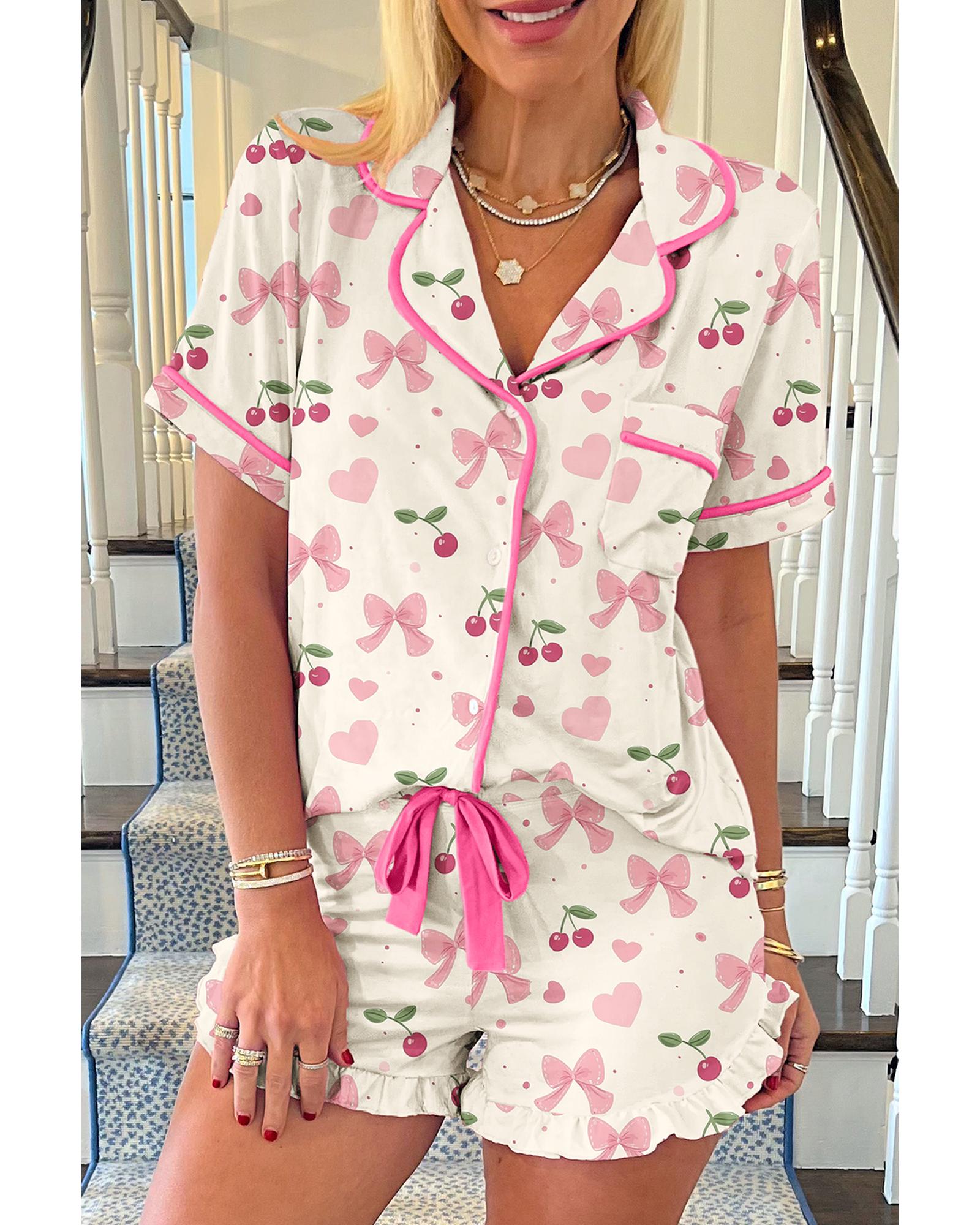 V539-AZEXDC151494-P1520-L-202508271125-00 Beige Bow Fruit Print Contrast Pipping Short Pajamas Set - L - Image 1
