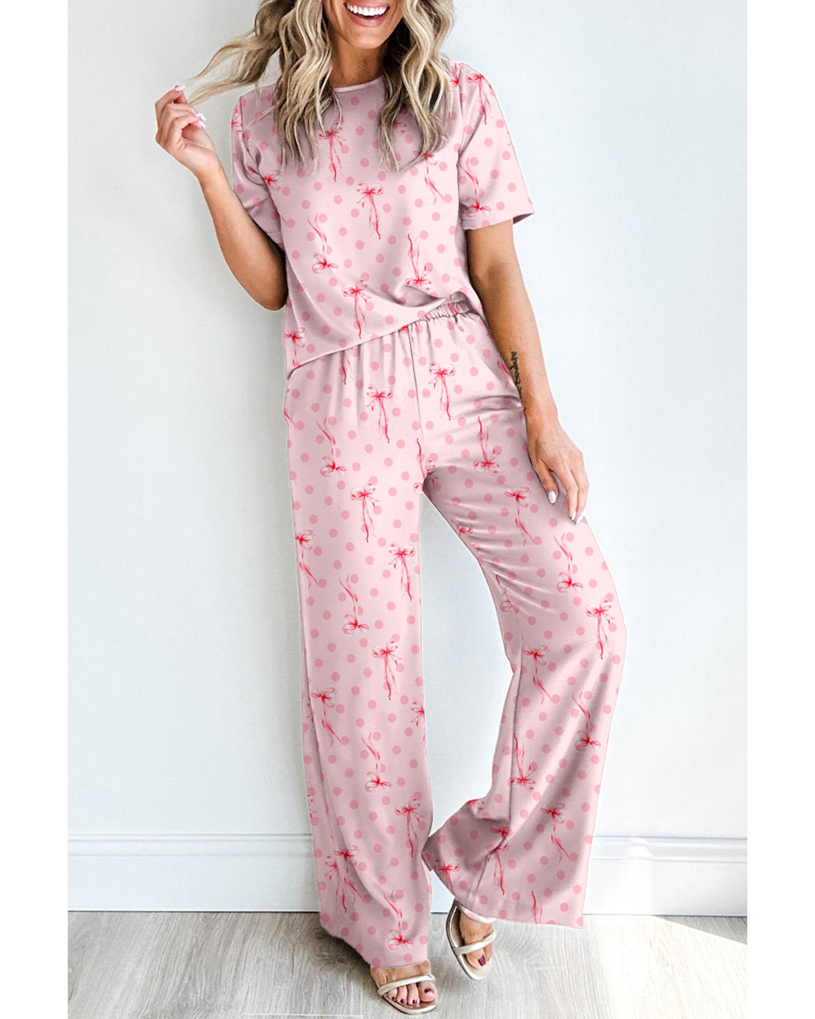 V539-AZEXDC151502-P1020-M-202508270225-00 Pink Bow Knot Polka Dot Print Short Sleeve Top Lounge Set - M - Image 1
