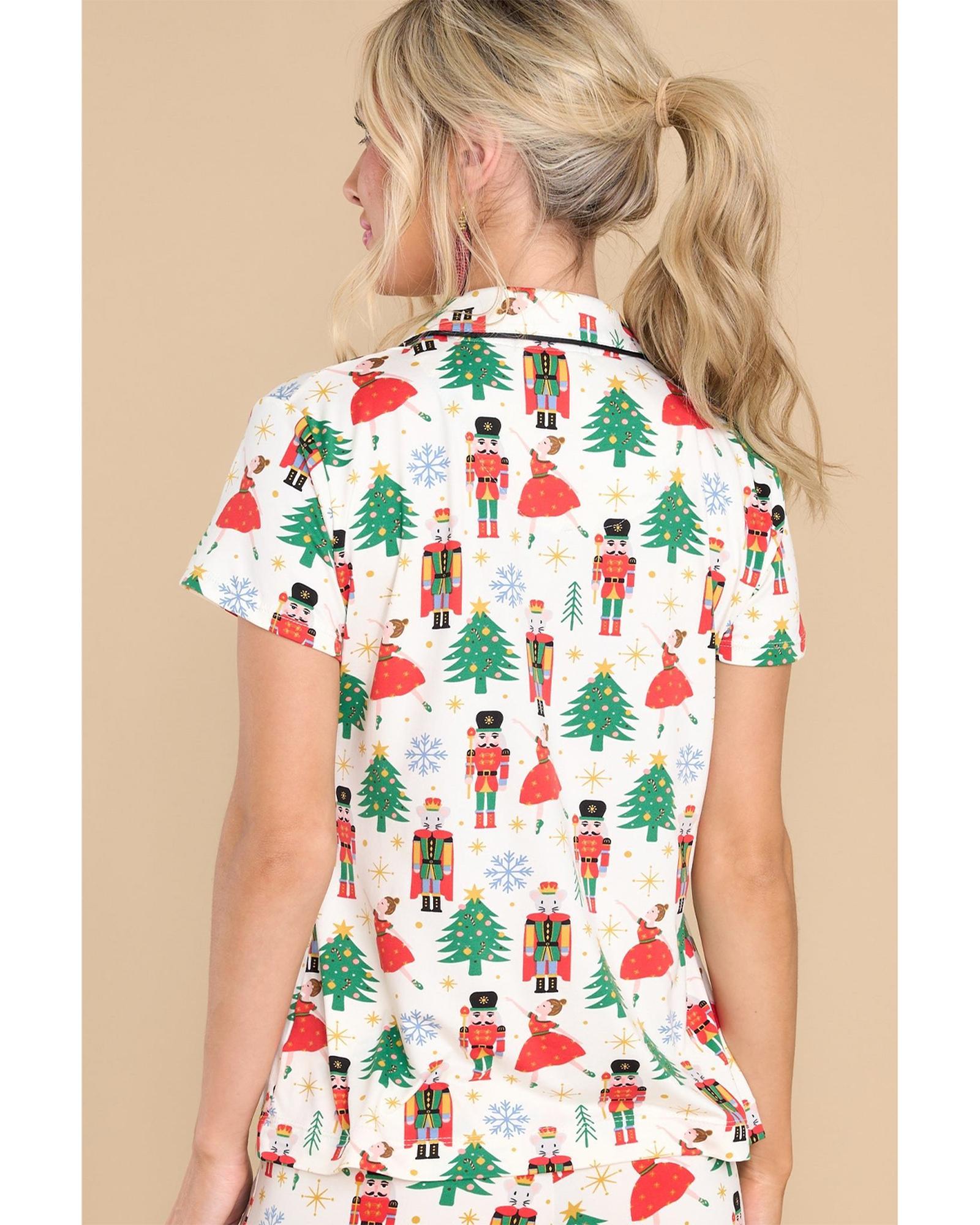 V539-AZEXDC15759-P120-L-202506120142-00 White Printed Christmas Pattern Buttoned Two Piece Sleepwear - L - Image 1